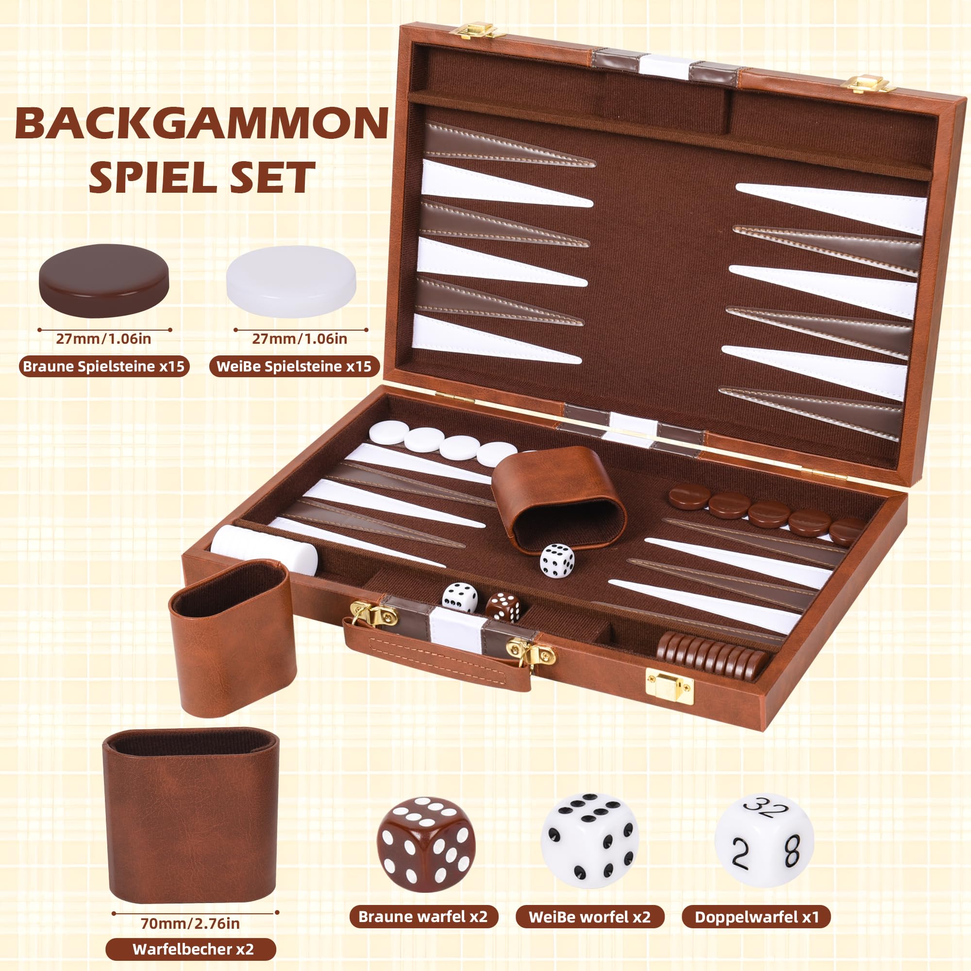 Backgammon Portatile 18 Pollici con Custodia in Ecopelle - Set da Viaggio Elegante, 30 Pedine + 4 Dadi - Gioco Classico Regalo per Adulti (Marrone) (18 pollici)