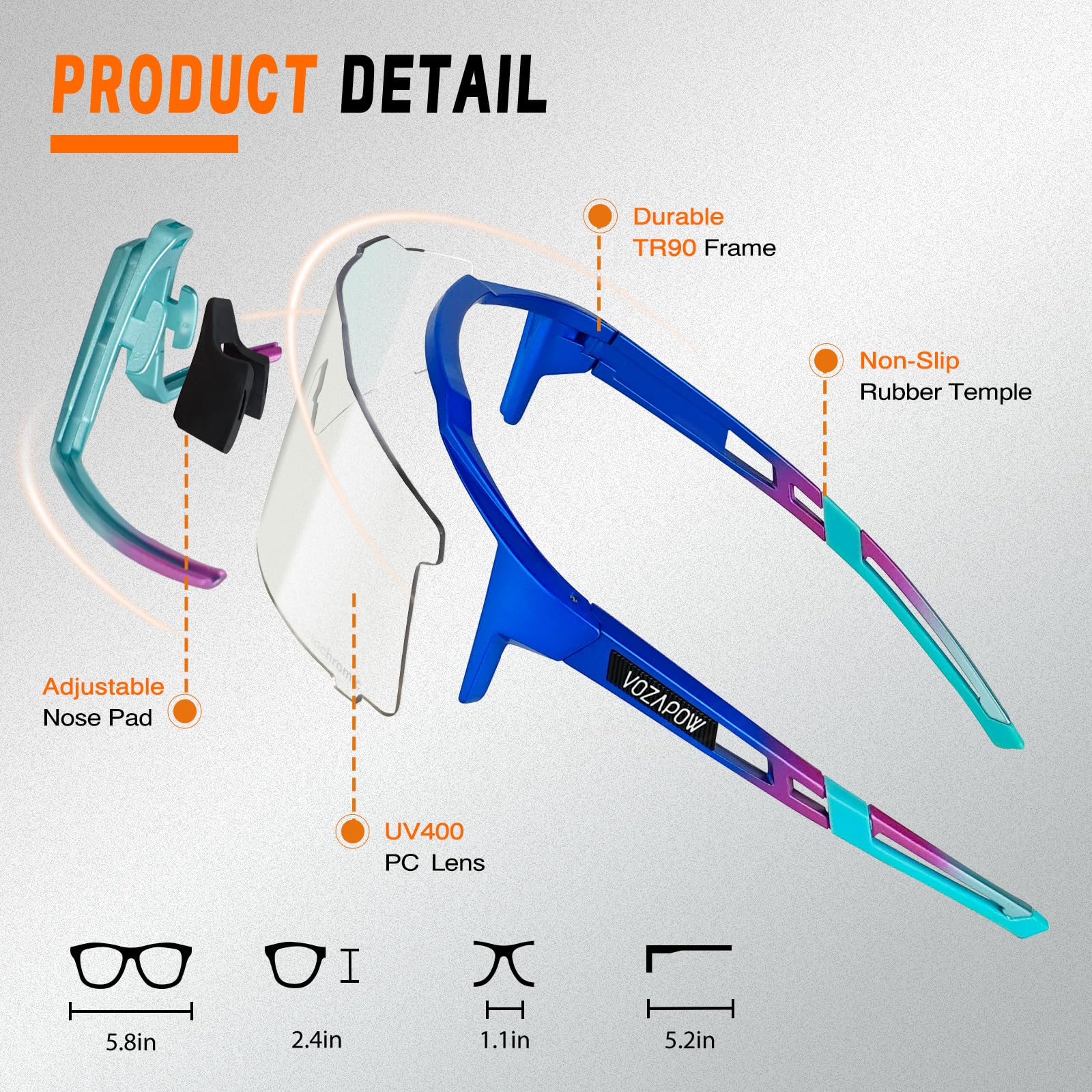 Photochrome Sport-Sonnenbrille XL für Herren und Damen, TR90-Rahmen, Fahrradbrille für Baseball, Laufen, Wandern