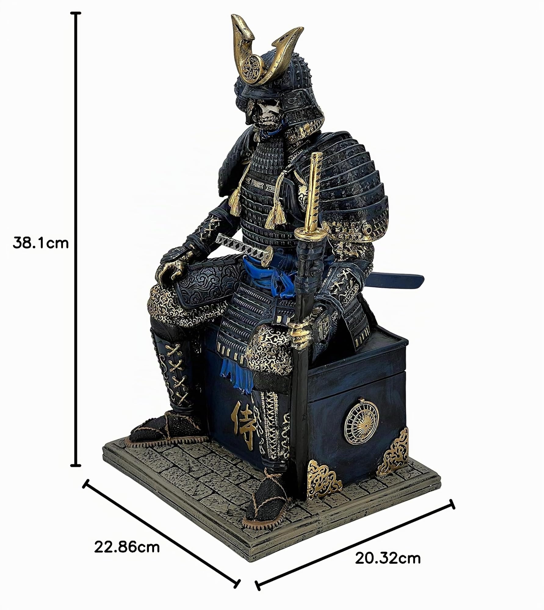 Statua medievale antica samurai guerriero non morto, statuetta in resina, statuetta artigianale per casa, soggiorno, veranda, ufficio, scrivania, tavolo, idea regalo (blu glod)