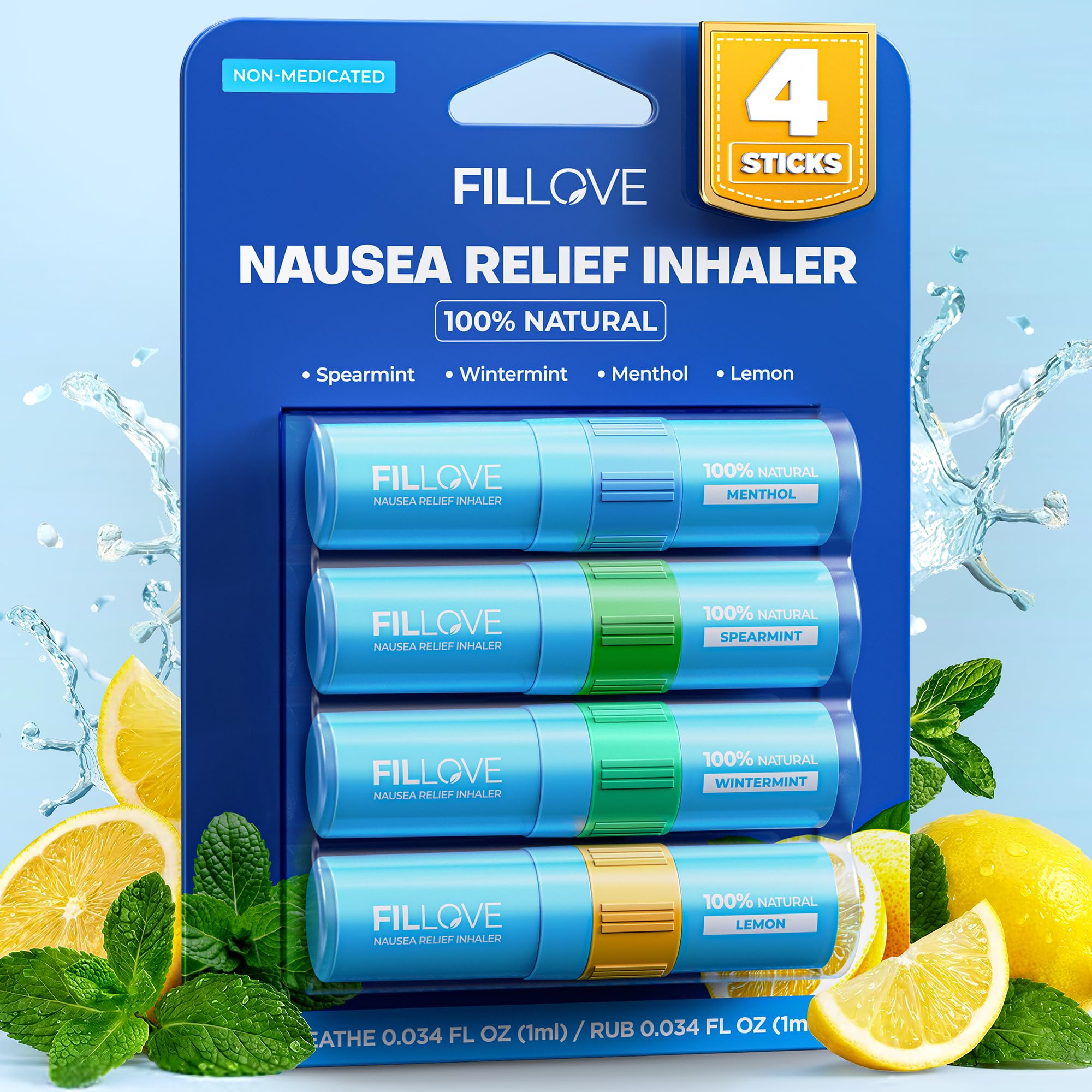 FILLOVE 1s Fast Nausea Relief Nasal Stick with 2-in-1 Motion Sickness Ease, 100% Natural Essential Oils for Pregnant Women, Non-Drowsy Travel Essentials &amp; Cruise Essentials for Car, Airplane