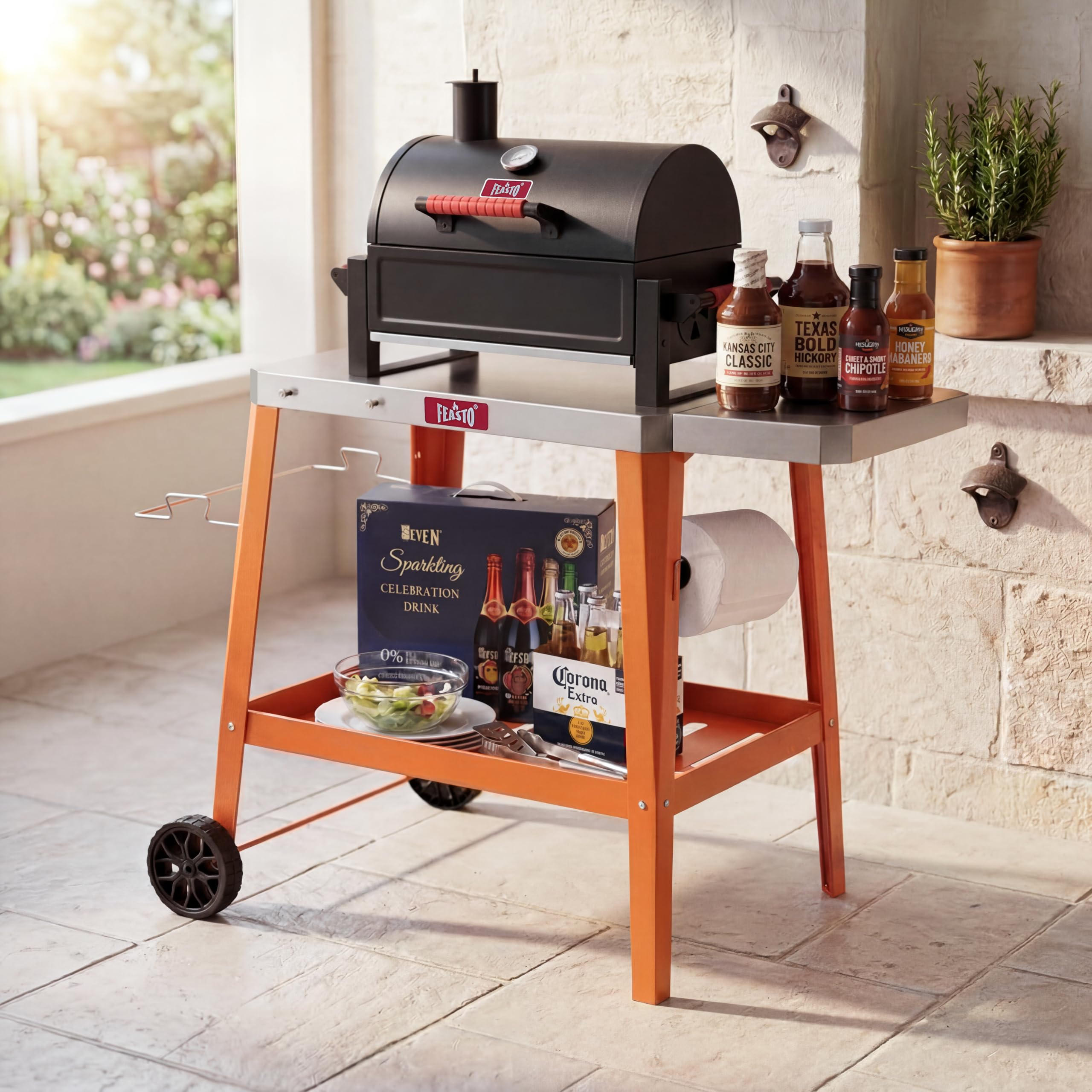 Feasto 2-Étagère Desserte de Jardin avec Table d’Appoint Pliable, Orange | Chariot de Barbecue avec Plateau en Acier Inox, Idéal pour BBQ dans le Jardin et la Terrasse, 95 x 67 x 80 cm