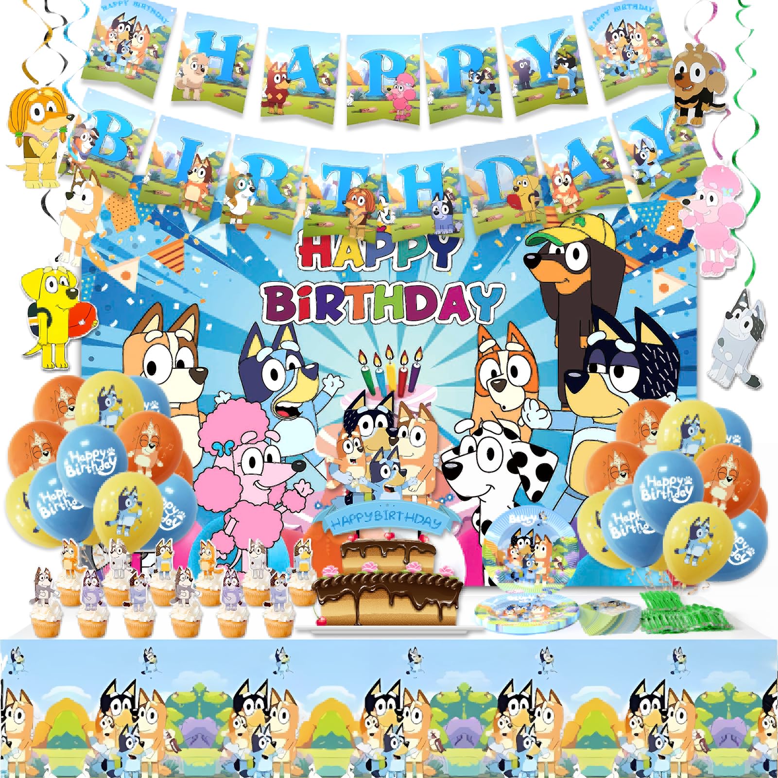63Pcs Cartoon Blue Dog Birthday Party Supplies - Cartoon Blue Dog Party Decorations Include Birthday Banner, Cake Toppers, Cupcake Toppers, Balloons, Tablecloth.