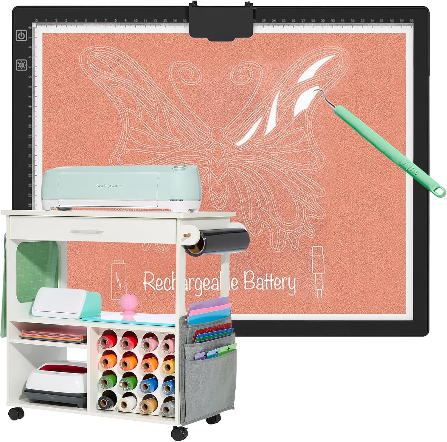 iVyne Rechargeable A4 Light Pad & Craft Cart – Ultra-Thin LED Light Board for Weeding Vinyl & Ultimate Storage Table for Cricut/Silhouette, Vinyl Rolls – Perfect for Artists & Crafters – Black