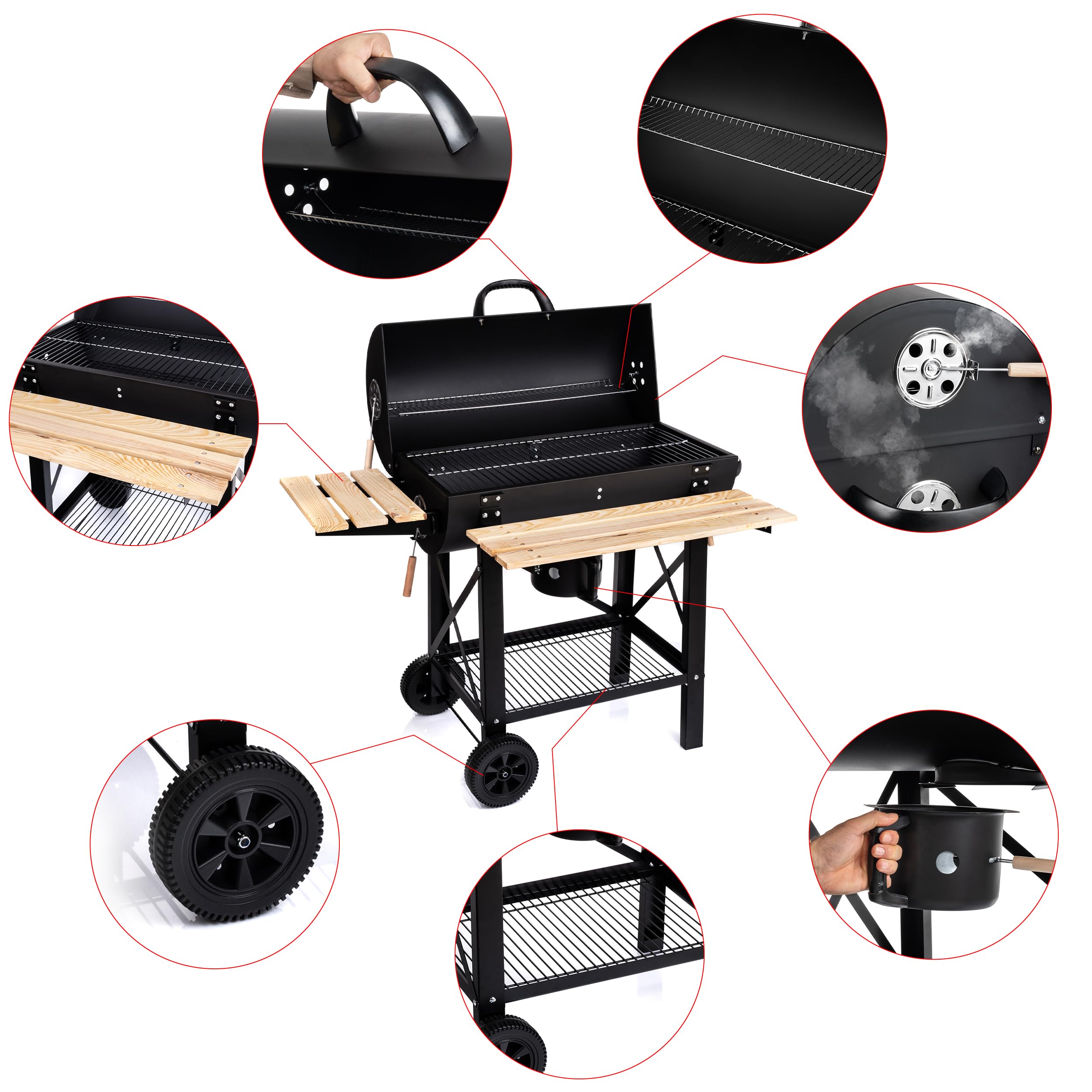 LEHMANN Barbecue a Carbonella con Griglia XL, Carrello Grill con Due Ripiani in Legno