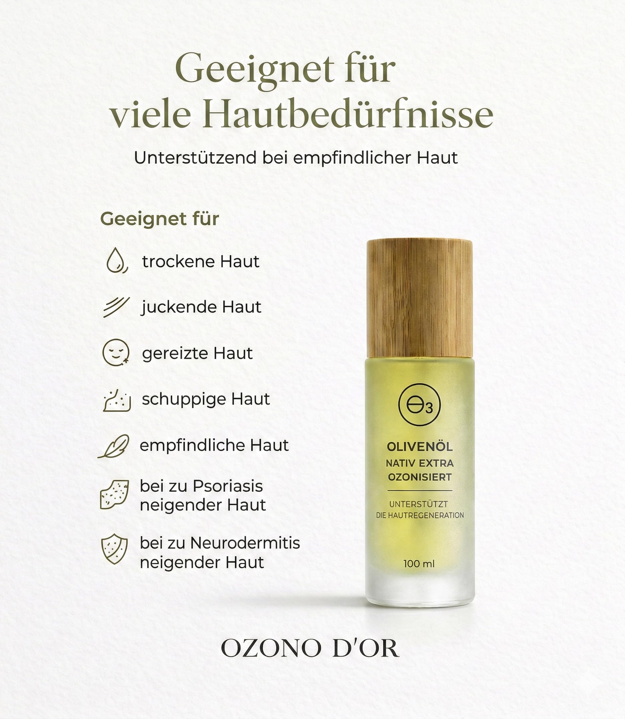 Ozonisiertes Olivenöl Bio 100% Natürliches Ozonöl zur Pflege bei Schuppenflechte Dermatitis Ekzem und Juckreiz für empfindliche und zu Neurodermitis neigende Haut Glasverpackung 100 ml