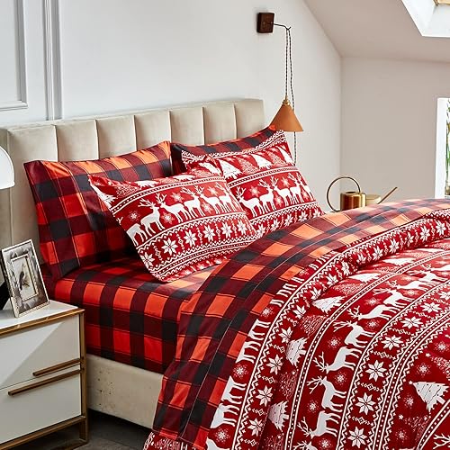 Miniatura 2 de Juego de edredón de 7 piezas de cama en una bolsa, diseño de ciervo rojo con copos de nieve, tamaño Queen, estilo festivo, suave y reversible (1