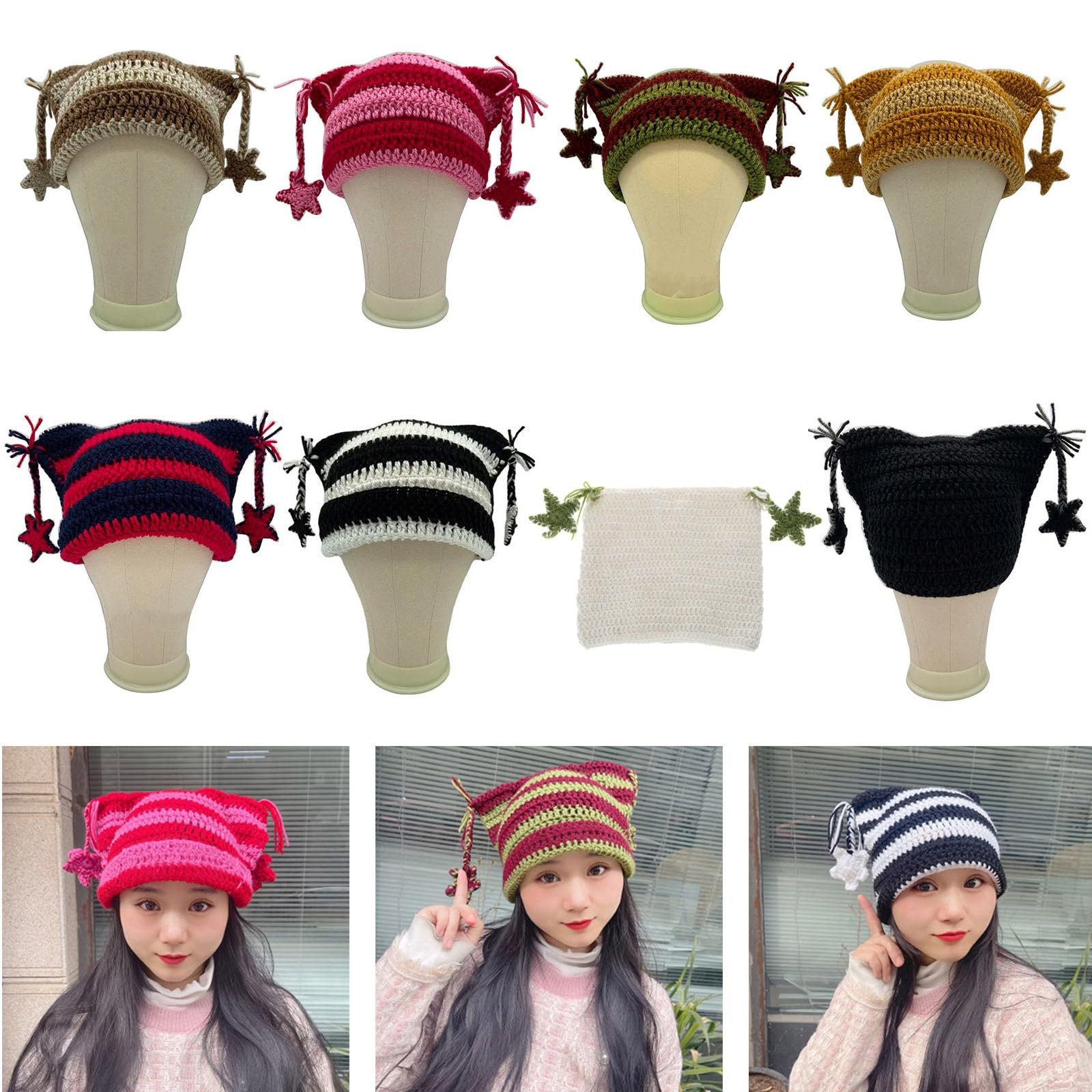 Cat Ears Knitting Hat Beanie Hat for Women Girls Soft Knitted Hat Headwear Star Tassels Hat Headdress