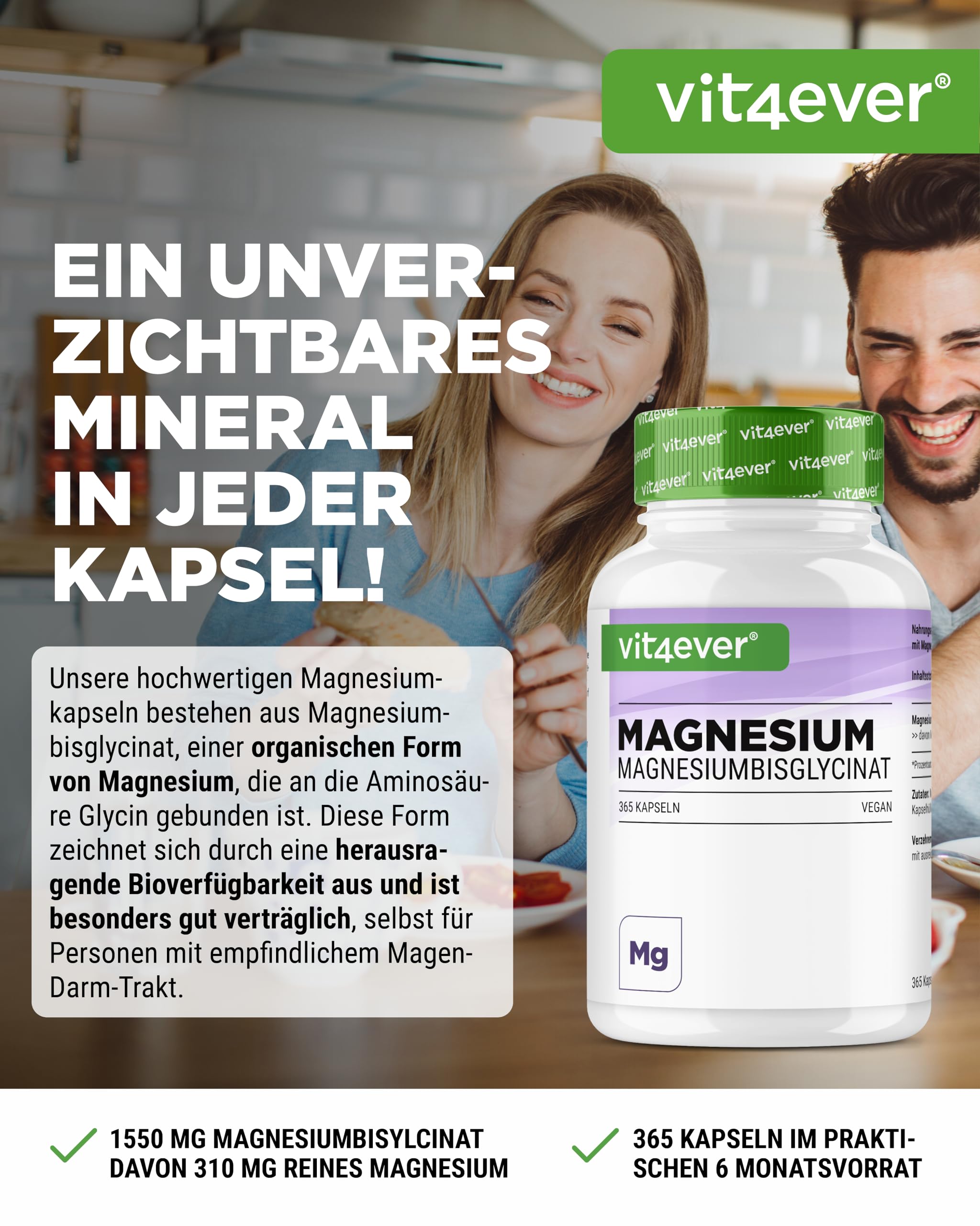 Vit4ever Magnesium Bisglycinat 365 Kapseln + Zink Bisglycinat 25 mg 400 Tabletten – Vegan – Laborgeprüft – Mineralstoff Bundle