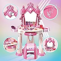 Vista 2 de Juego de mesa de maquillaje para niñas con taburete, juego de tocador para niños con luces y música, juego de salón de belleza para niños pequeños