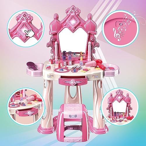 Miniatura 2 de Juego de mesa de maquillaje para niñas con taburete, juego de tocador para niños con luces y música, juego de salón de belleza para niños pequeños