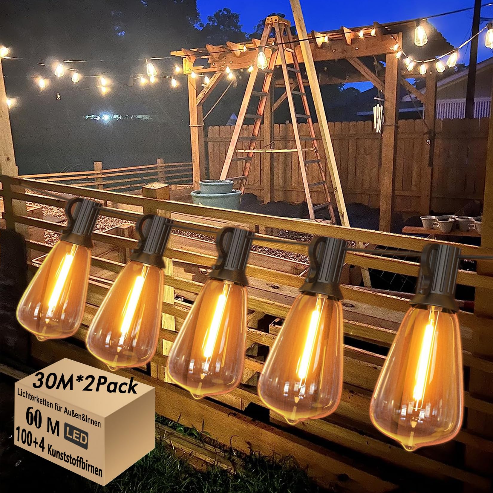 Catena luminosa a LED per esterni, 60 m, corrente esterna, con 100 + 4 pezzi, luce bianca calda, 2700 K, ST38, in plastica, IP44, impermeabile, per pergolato, matrimoni, feste, 2 pezzi