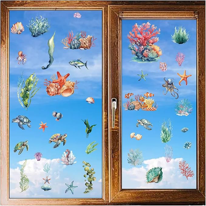 CRASPIRE 8 Sheets Sea Turtle Ocean Wall Decals Coral Stickers Summer Window Sticker PVC Waterproof Self Adhesive Cling Peel And Stick For Home Decoration Bedroom Living Room Bathroom