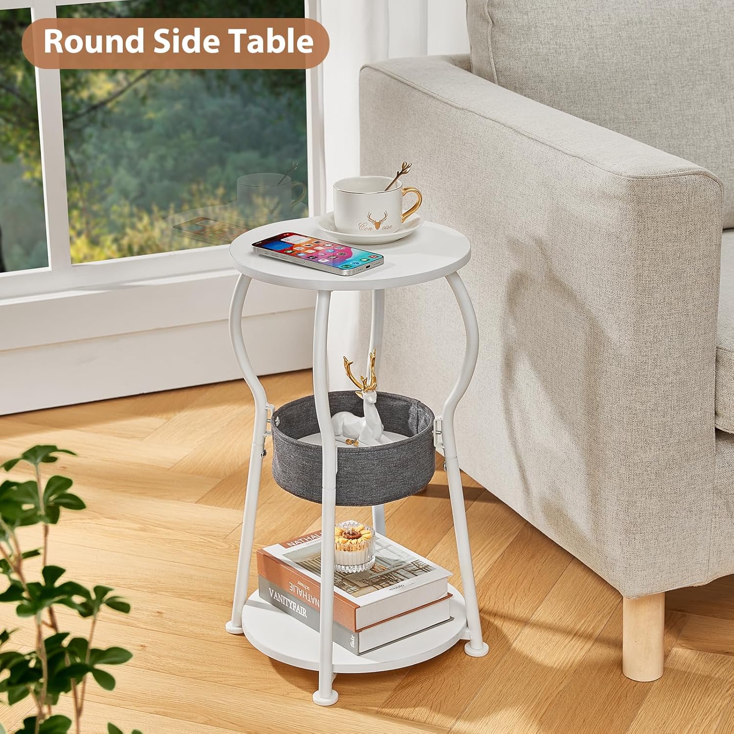 Small Round Side Table with Storage Bag, 3-Tier Accent Round End Table with Four Storage Functions for Living Room, 21.6" H Vintage Smalls Corner Table for Small Spaces Nightstand Bedroom