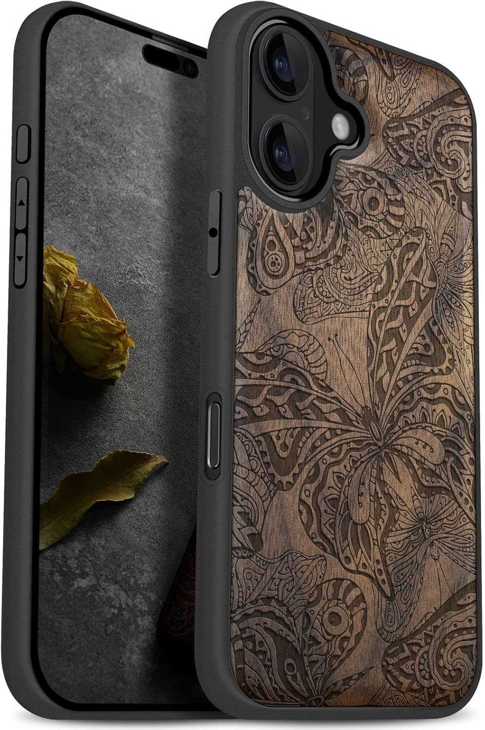 Carveit Magnetic Wooden Case for iPhone 17 Case, Wood Artisan Engraved & Black Soft TPU Shockproof Cover, Compatible with MagSafe Wireless Chargers (Ethereal Butterflies) Walnut