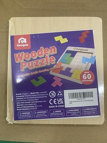 Miniatura 11 de Coogam Rompecabezas de madera con patrón de bloques de cerebro juego con 60 desafíos, juguete de construcción ruso 3D de madera en forma de tangram,