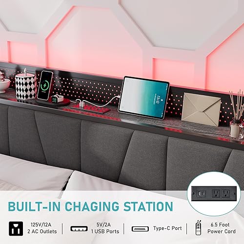 Miniatura 40 de Base de cama de almacenamiento elevable de tamaño matrimonial con luces LED, cabecera tapizada de lino con estación de carga, marco de cama de