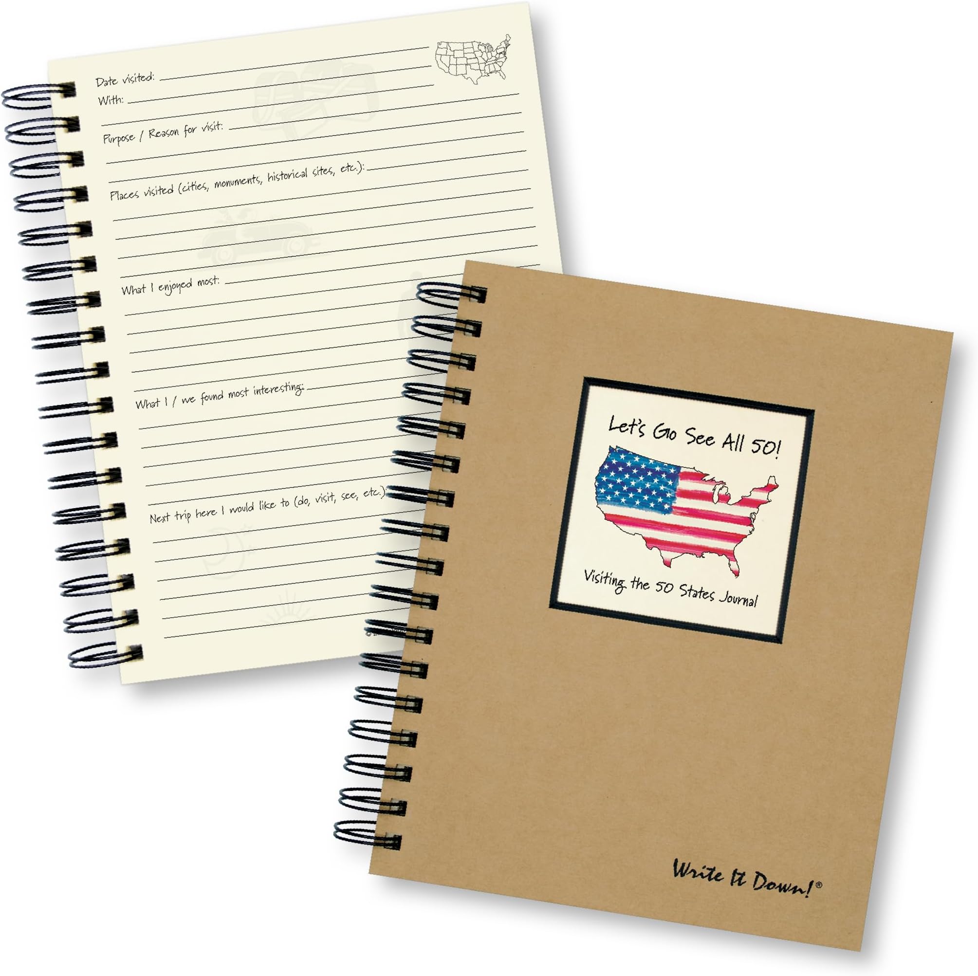 Write it Down series by Journals Unlimited, Guided Journal, Let's Go See All 50! Visiting the 50 States Journal, Full-size 7.5"x 9", Kraft Hard Cover, Made in USA