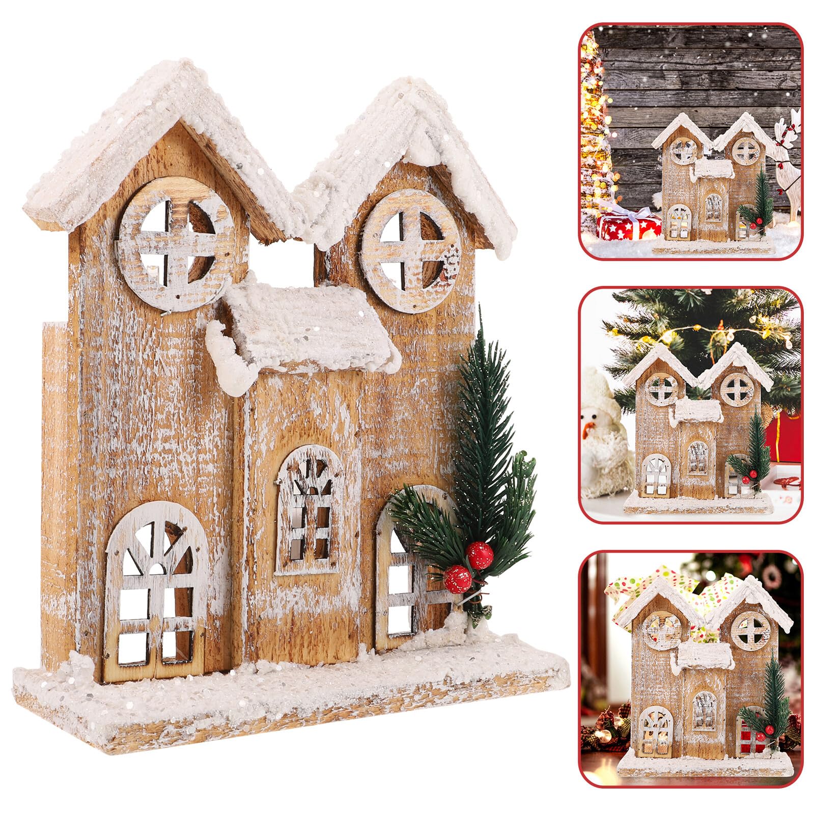 STOBAZA Adorno Navideño de Casa de Madera Pequeña Luz Nocturna Integrada Decoración Navideña sin Pilas Miniatura Efecto Nieve para Ambiente Festivo y Sala de Estar