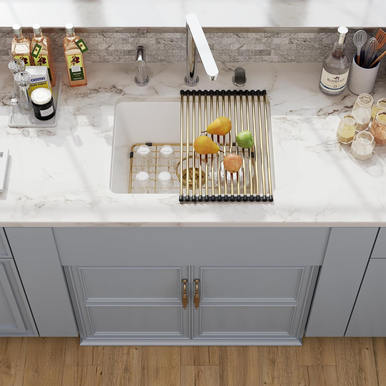 24 White Granite Composite Laundry Sink, Hugsleek Undermount Granite Kitchen Sink Quartz 24x19 inch 12 Inch Deep Classic Under Counter Single Bowl Utility Bar Sinks Basin With Gold Accessories
