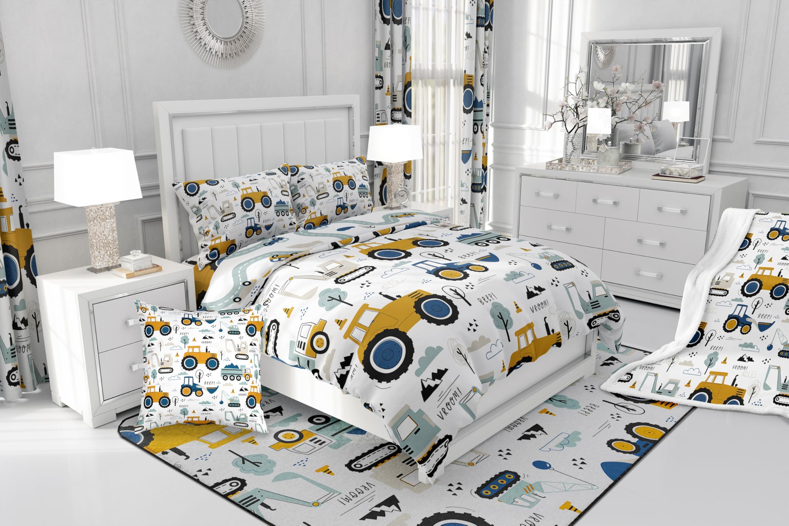 Truck King Size Duvet Cover Sets for Kids Tractor Construction Bedding Set 3-Piece - Image 4