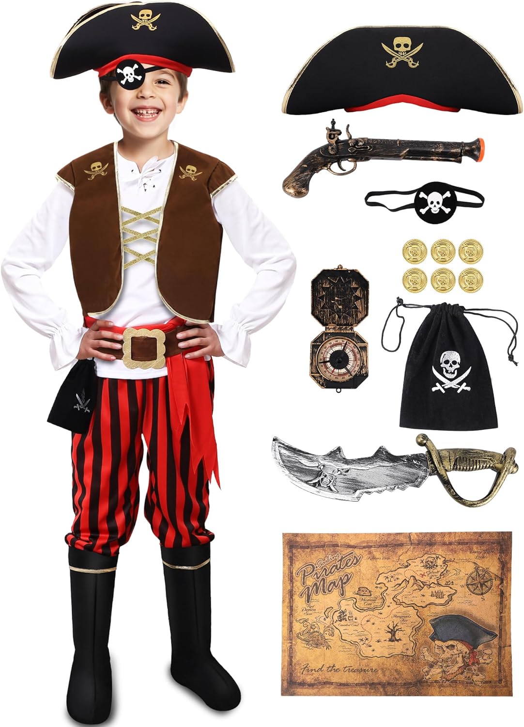 Pirate Costume Set for Boys, Kids Pirate Costume Set for Toddler Halloween Dress Up, Themed Party (8-10Y) Red