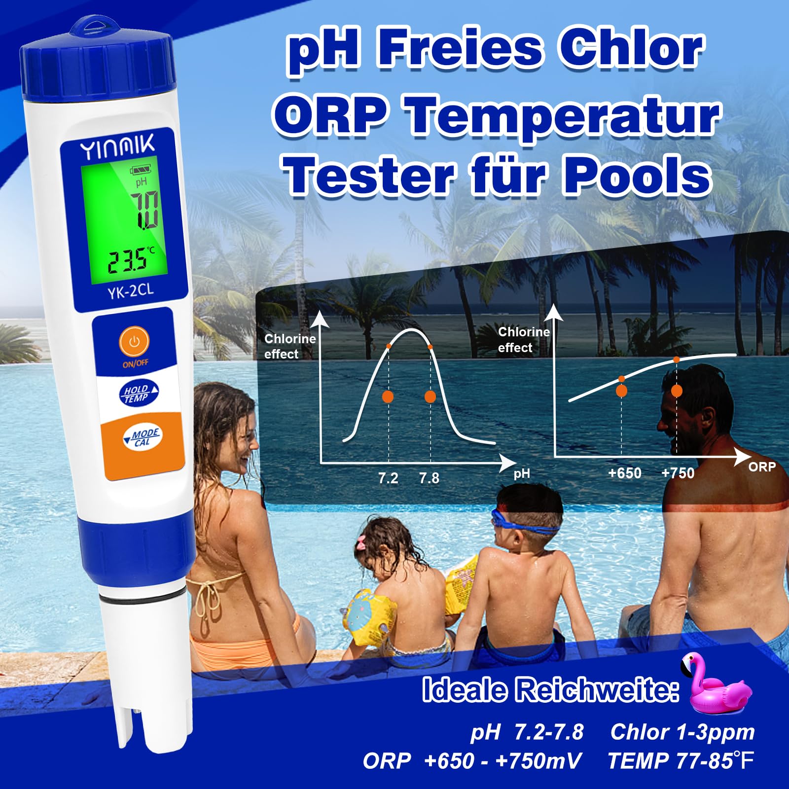 7 in 1 pH Messgerät Wasser, Pool Chlor Messgerät, Digitales pH Salzgehalt Messgerät, pH Leitfähigkeit Messgerät für Hydrokultur, YINMIK pH Chlor Salz EC TDS ORP Temp Messgerät für Aquarium Trinkwasser