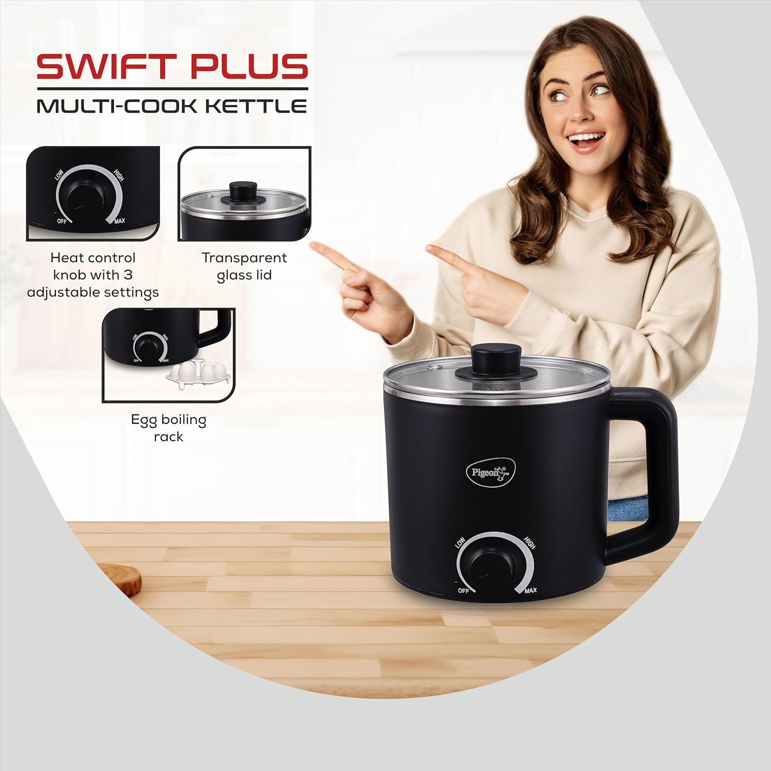 Pigeon Swift Multi-Cook Kettle 1.5L with Egg Rack | Stainless Steel Interior features