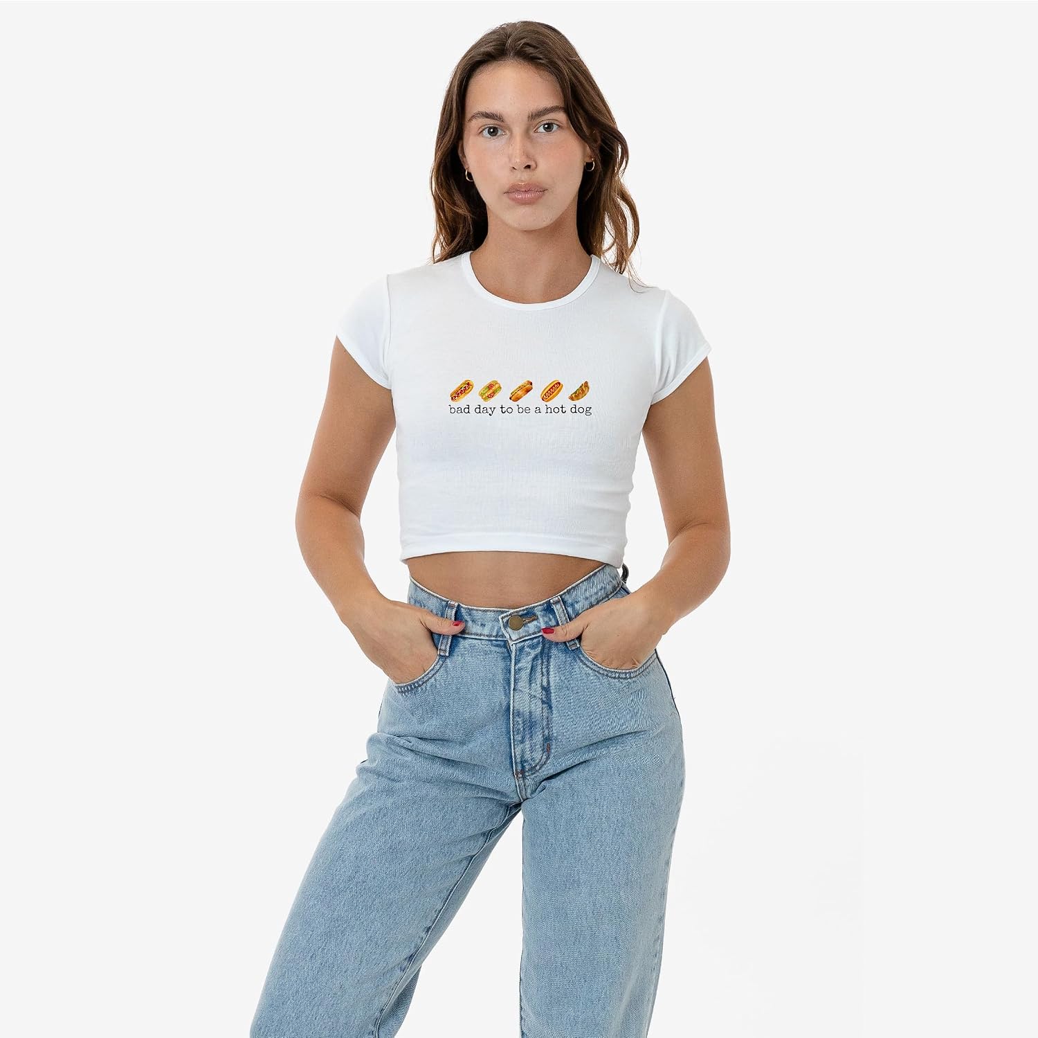 Bad Day to Be A Hotdog Baby Tee | Premium Cap Sleeve Baby Rib Crop Top Shirt for Women