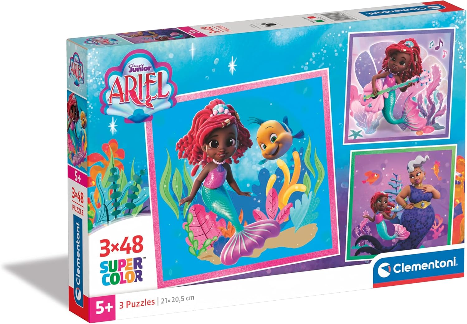Clementoni Supercolor-Disney Ariel-3 48 Pieces, Children 5 Years, The Little Mermaid, Develops Observation Skills, Logic and Manuality, Cartoon Jigsaw Puzzles, Made In Italy, 25324, Multicoloured