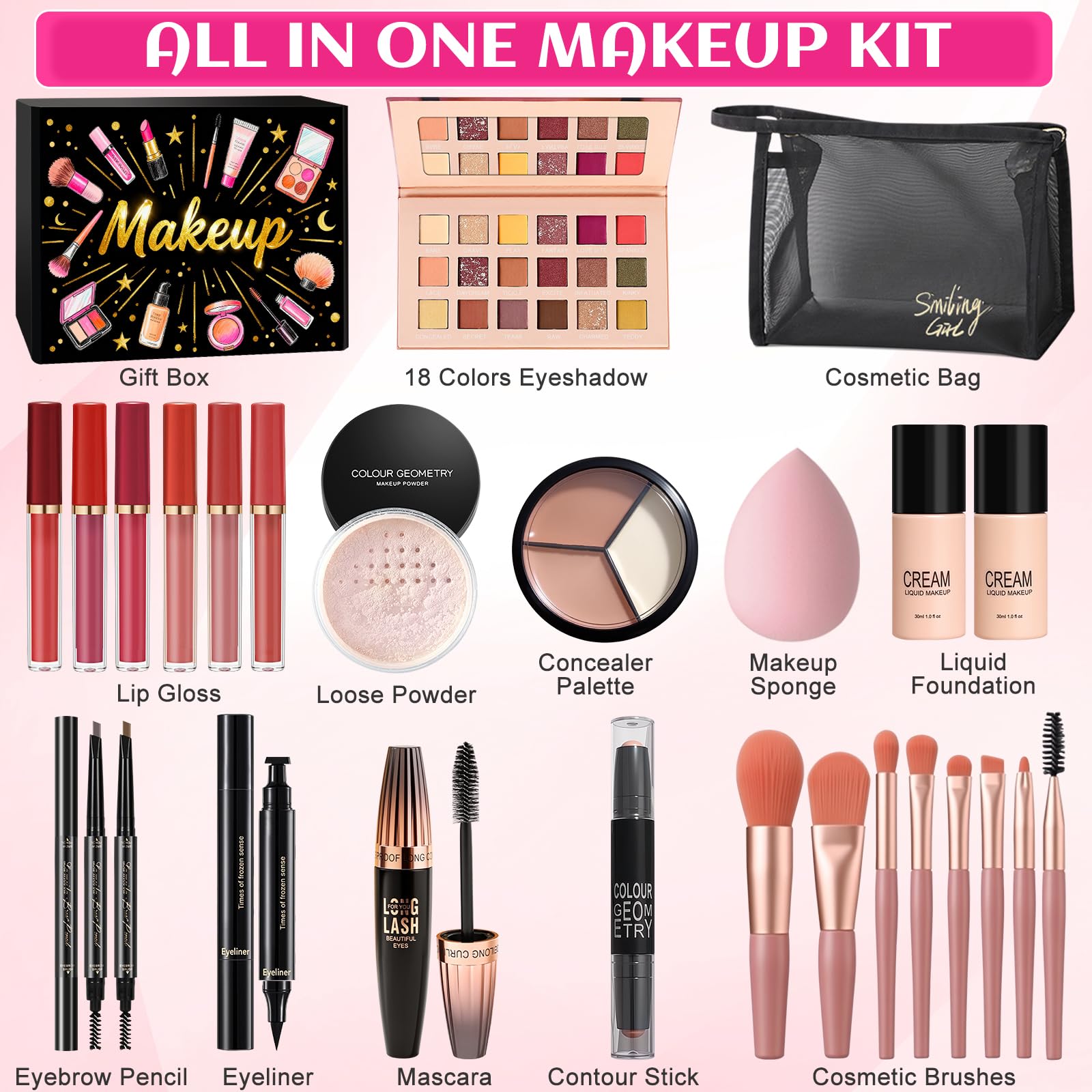 Kit de Maquillage Complet, Coffret Cadeau de Maquillage Femme Ado Fille, Coffret de Maquillage avec Ombres Paupière, Fond de Teint, Correcteur, Gloss à Lèvres, Crayon à Sourcils, Mascara, Trousse