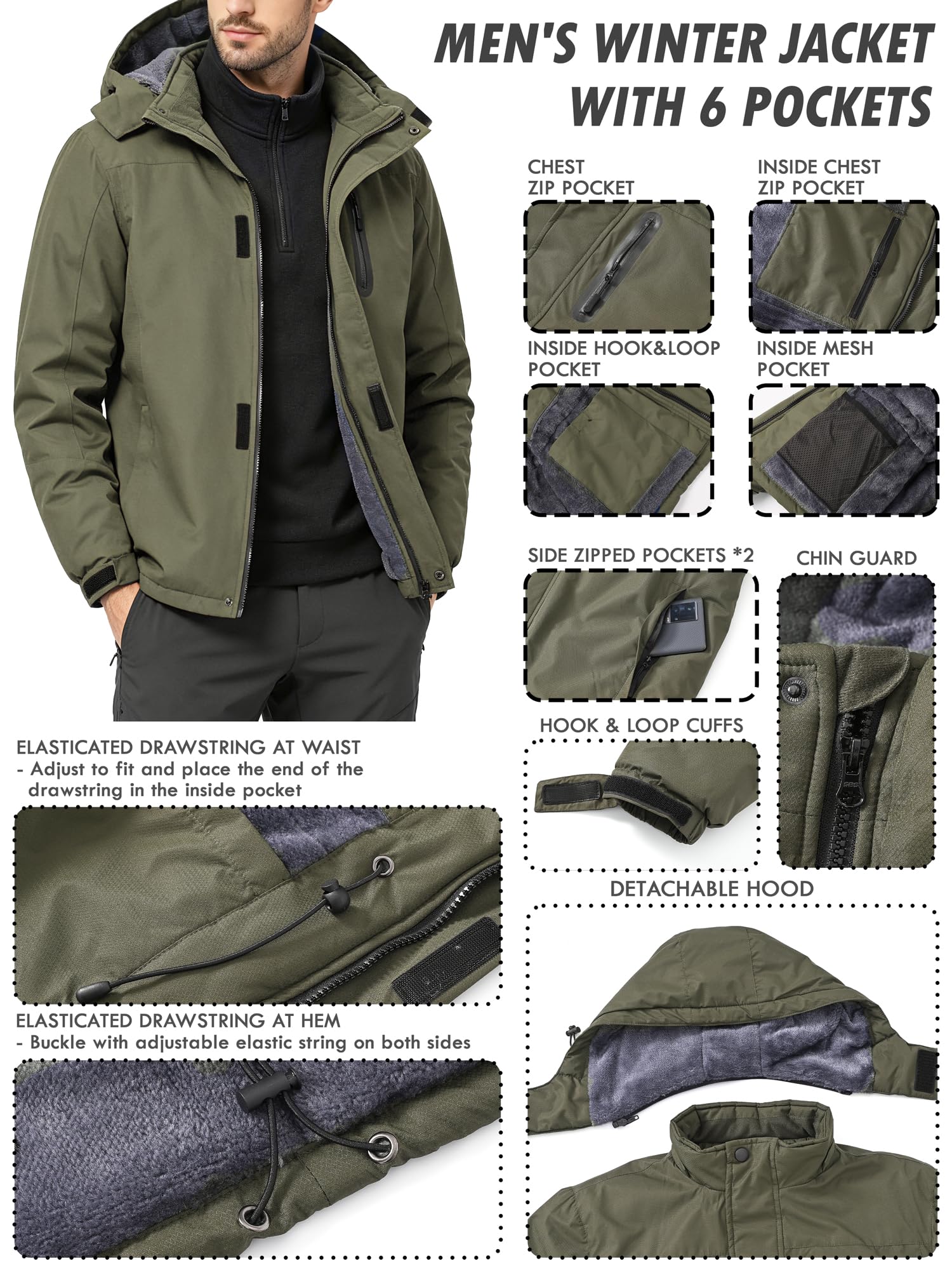 Herren Fleece Warme Winterjacke Outdoor Skijacke Winter Wanderjacke Arbeitsjacke Fleecejacke Übergangsjacke mit Tasche, Dunkelgrau, L