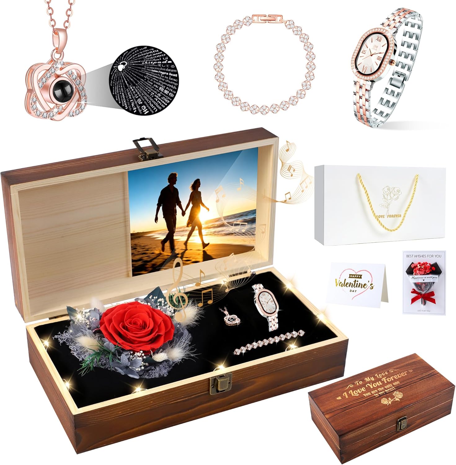 Birthday Gifts for Wife, Forever Rose with I Love You 100 Language Necklace Watch Bracelet - Birthday Rose Gift Set for Women Mom Grandma Wife