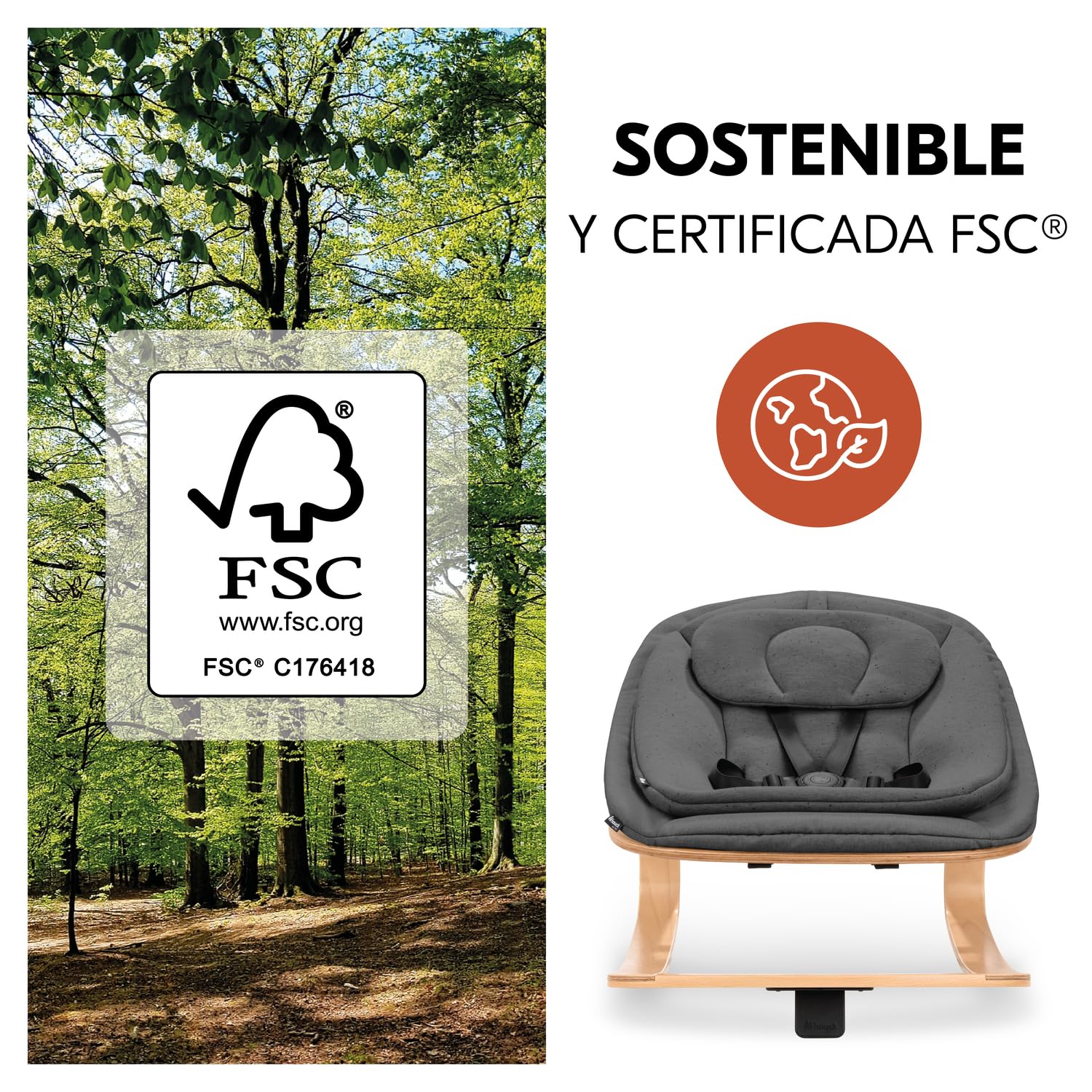 hauck Highchair Bouncer Eco Hamaca para Bebé, Deep Grey | Estructura de madera, superficie ergonómica y ajustable desde el nacimiento, con adaptador para tronas Alpha+ y Beta+