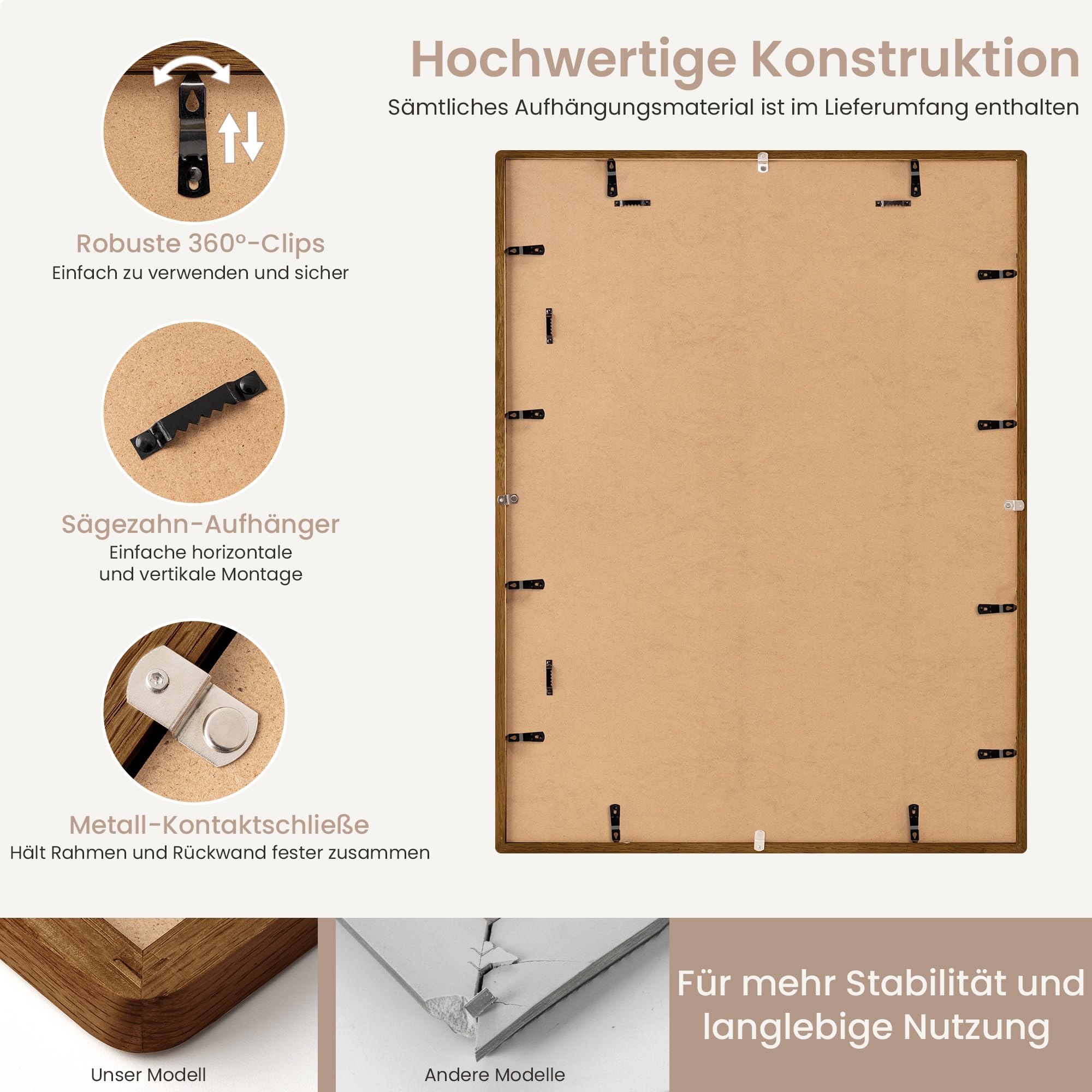 FLYJOE Bilderrahmen aus massivem Eichenholz, 50x70 cm, mit Passepartout für 40x50 cm, gehärtetes Glas und Befestigungsmaterial zum Aufhängen, Walnuss, 1 Stück