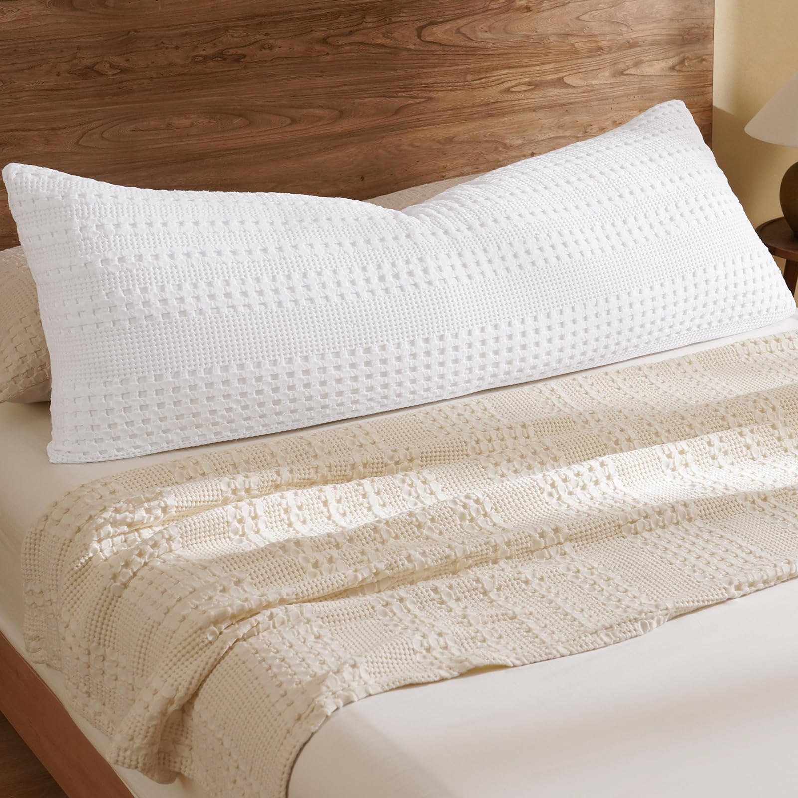 PHF 100% Cotton Waffle Body Pillowcase with Zipper, 1 Pack 20" x 54" Soft Skin-Friendly Pillow Sham, No Filling, Aesthetic Woven and Breathable Waffle Weave Body Pillow Cover for Bed, White — image 1