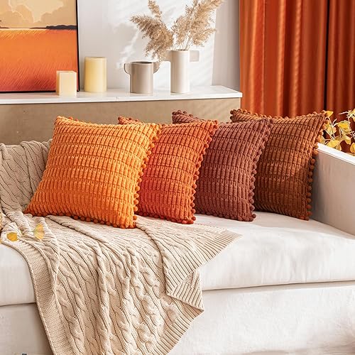 Miniatura 4 de MIULEE Juego de 2 fundas de almohada decorativas de pana oxidada, paquete de 2 fundas de almohada suaves con pompones, estilo bohemio, a rayas,