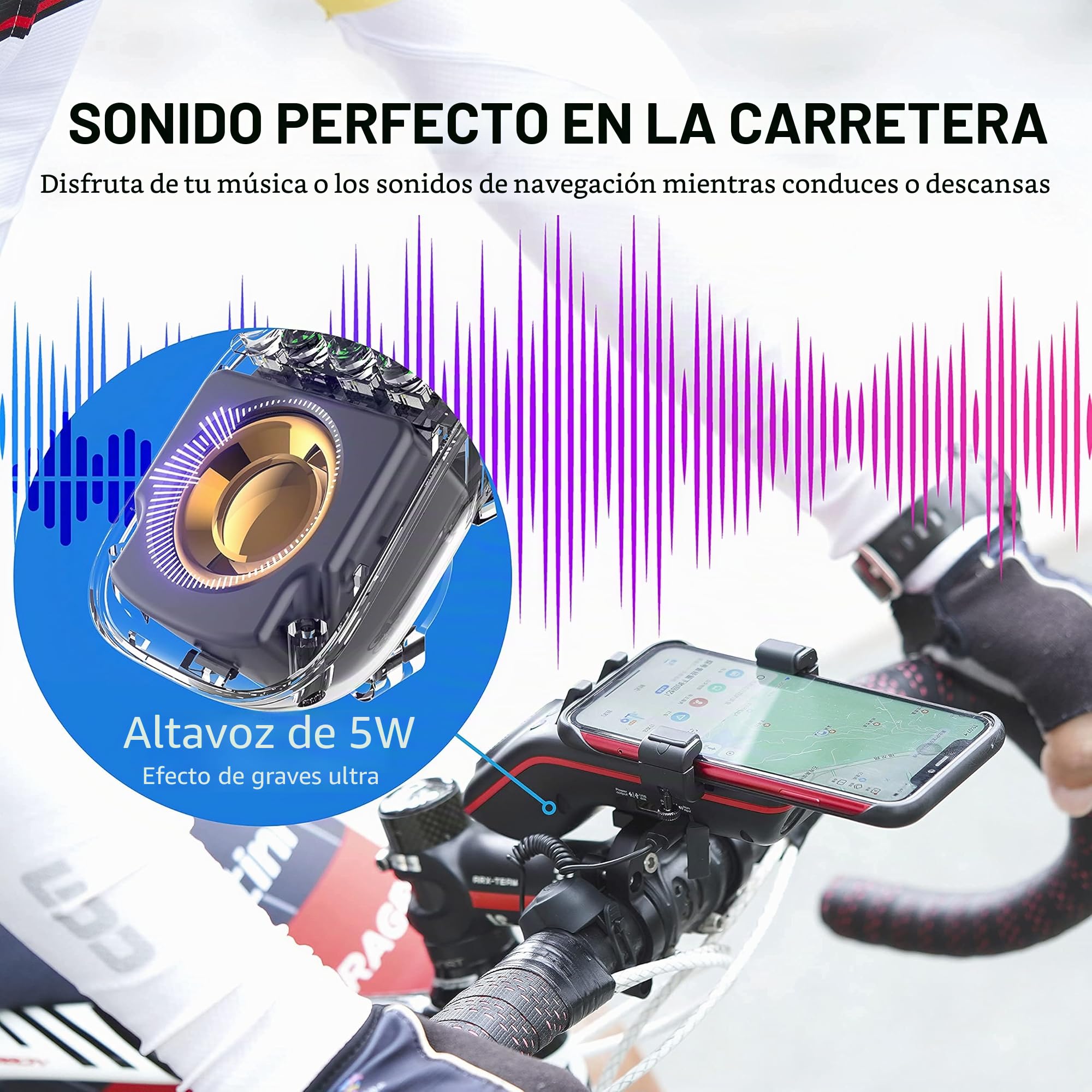 UPPEL Altavoz Bluetooth Bicicleta Portatil Bluetooth 5.1 + Altavoz + 5000mAh Banco de Energía + Luz para Bici +Timbre de Bici + Soporte Móvil Bici Llamadas sin Manos Tarjeta TF IP54 10 en 1 Diseño