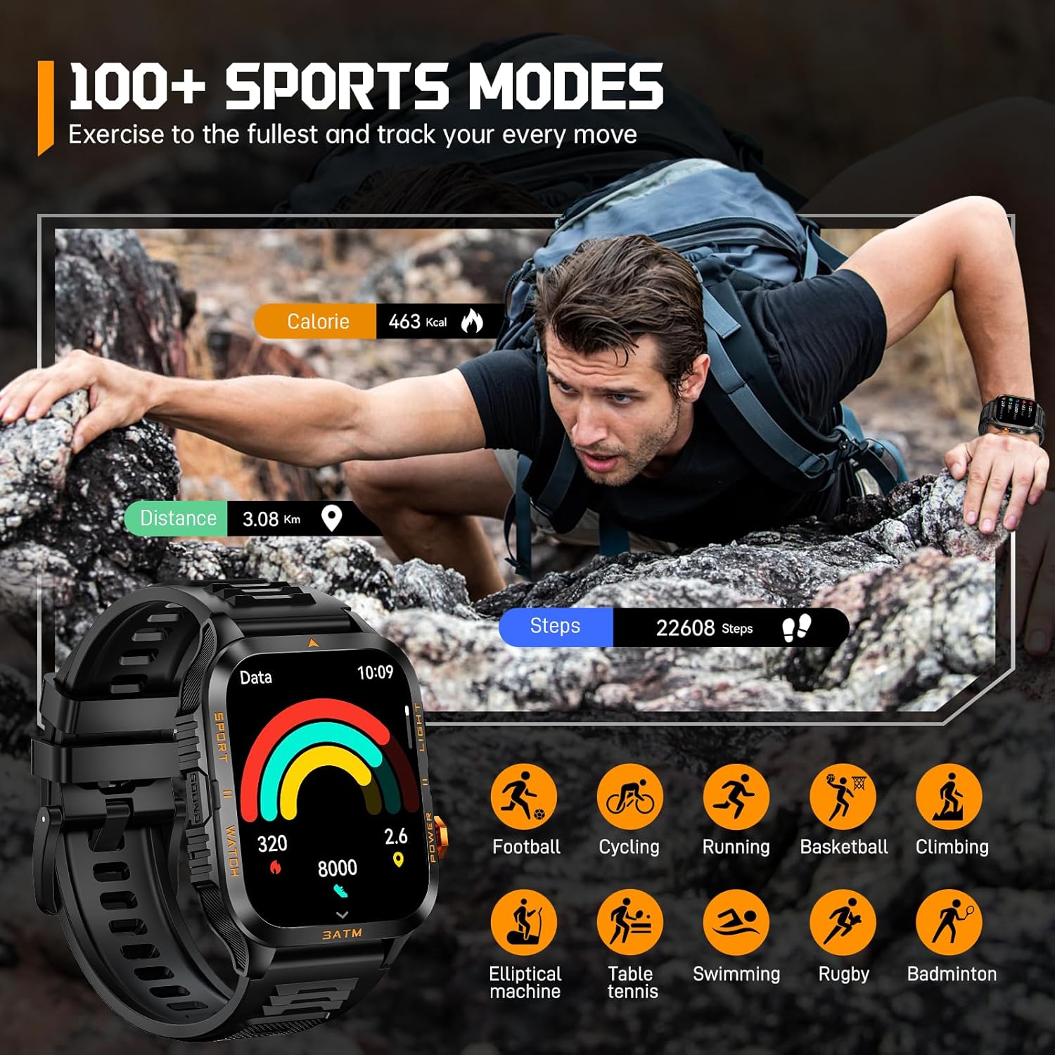 Military Smart Watches for Men (Answer/Make Calls) with Powerful Flashlight 1.96" HD, Outdoor Tactical Smartwatch with Big Battery 880mAh Sport Modes Health Monitor 3ATM for iPhone/Android - Image 4