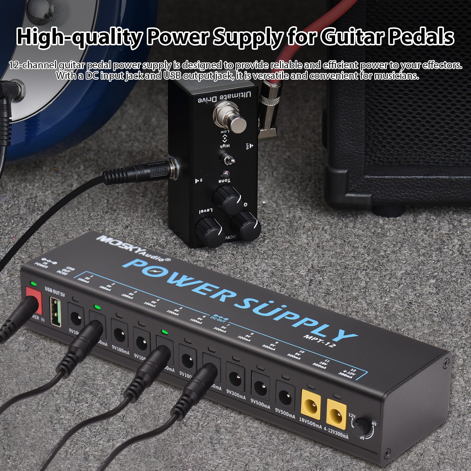 12-Kanal-Netzteil für Gitarrenpedale mit unabhängigem Kurzschlussschutz, LED-Betriebsanzeige, USB-Ausgang, Pedalboard-Netzteil für Gitarreneffektpedal und andere tragbare Geräte