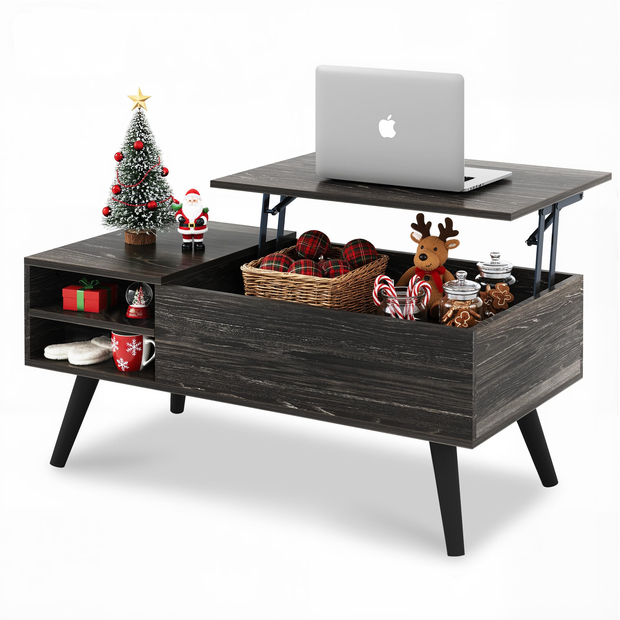 WLIVE Wood Lift Top Coffee Table with Hidden Compartment and Adjustable Storage Shelf, Lift Tabletop Dining Table for Home Living Room, Office, Charcoal Black
