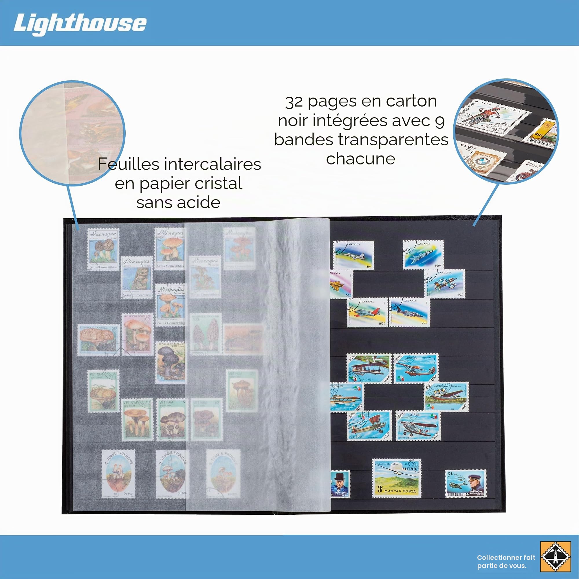 Leuchtturm 337308 Album de Collection de Timbres - Livre à insérer Basic - 32 Pages DIN A4 Noires - Couverture Bleue Non matelassée
