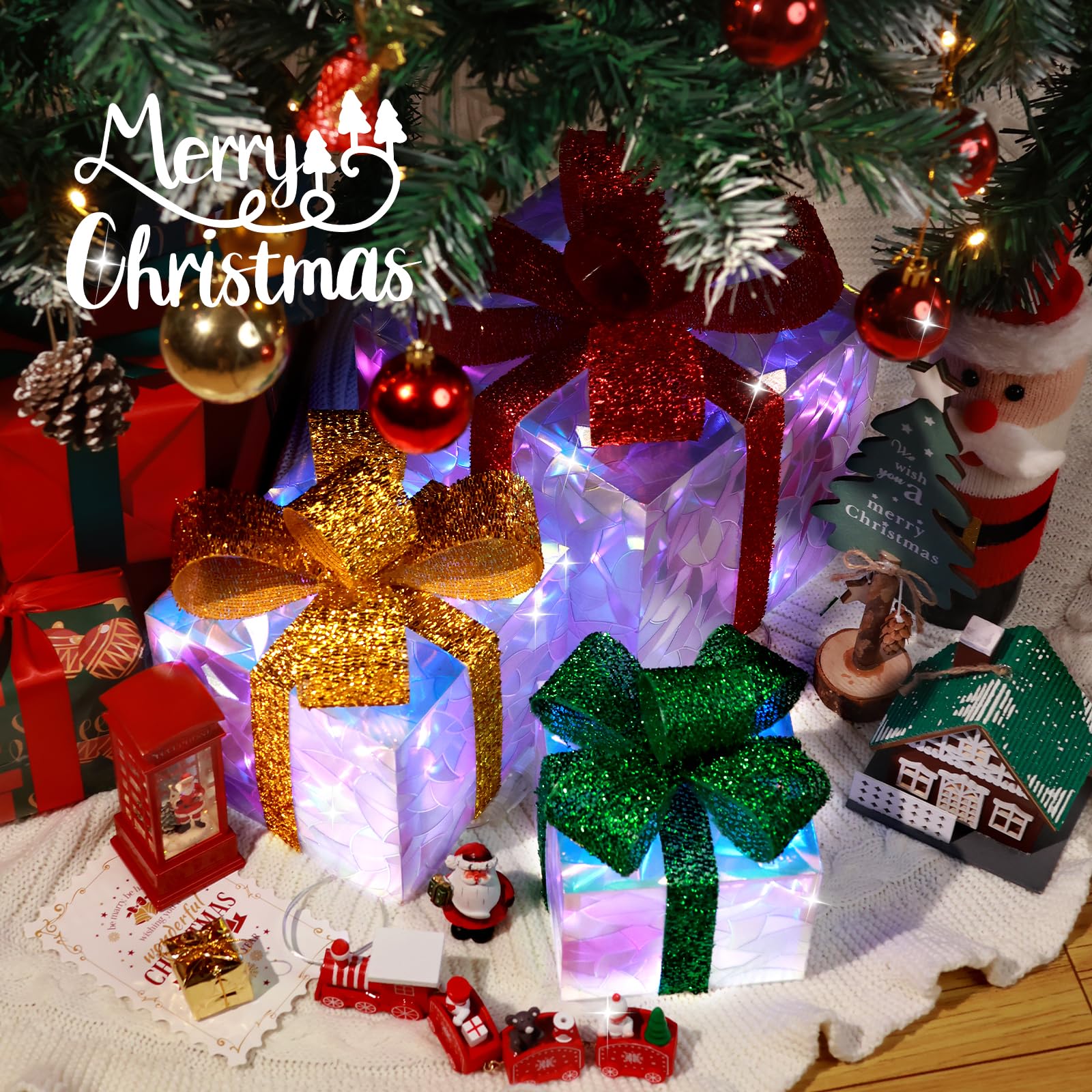 Set of 3 Lighted Gift Boxes Christmas Decorations - Christmas Lighted Gift Boxes Light up Xmas Present Ornament for Tree Indoor Outdoor Yard Holiday Door(Crystal)