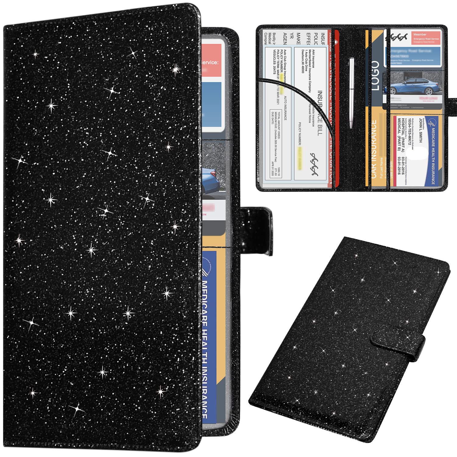 DMLuna Car Registration and Insurance Holder, Leather Vehicle Card Document Glove Box Organizer, Auto Truck Compartment Accessories for Essential Information, Driver License Cards, Glitter Black