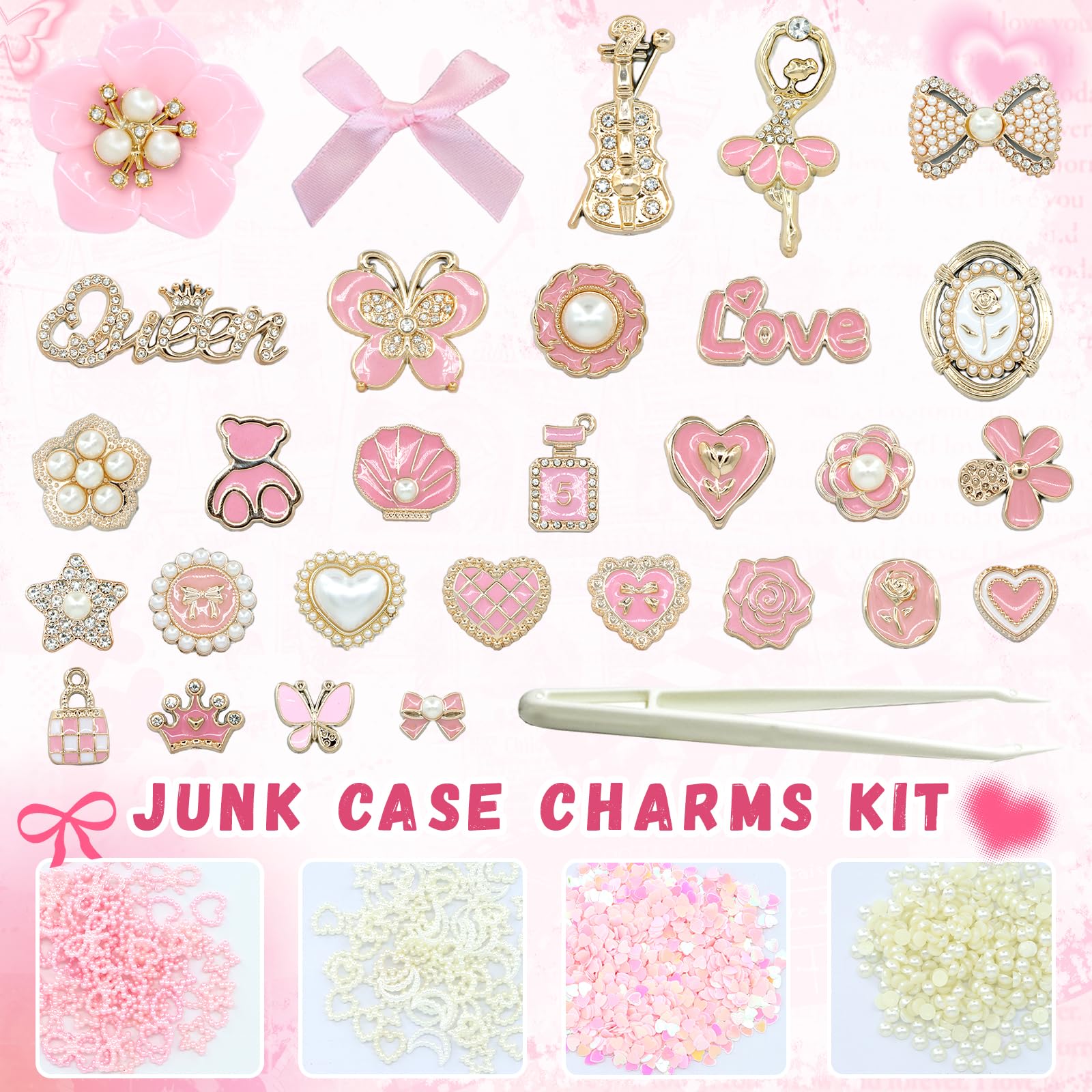 RIHYTFU Junk Case Charms Kit, Pink Junk Phone Case Charms for Customizing DIY Cases, Gold Charm for Making Phone Cases with Flatback Pearls Bulk Butterfly Bow, DIY Craft Accessories - 2