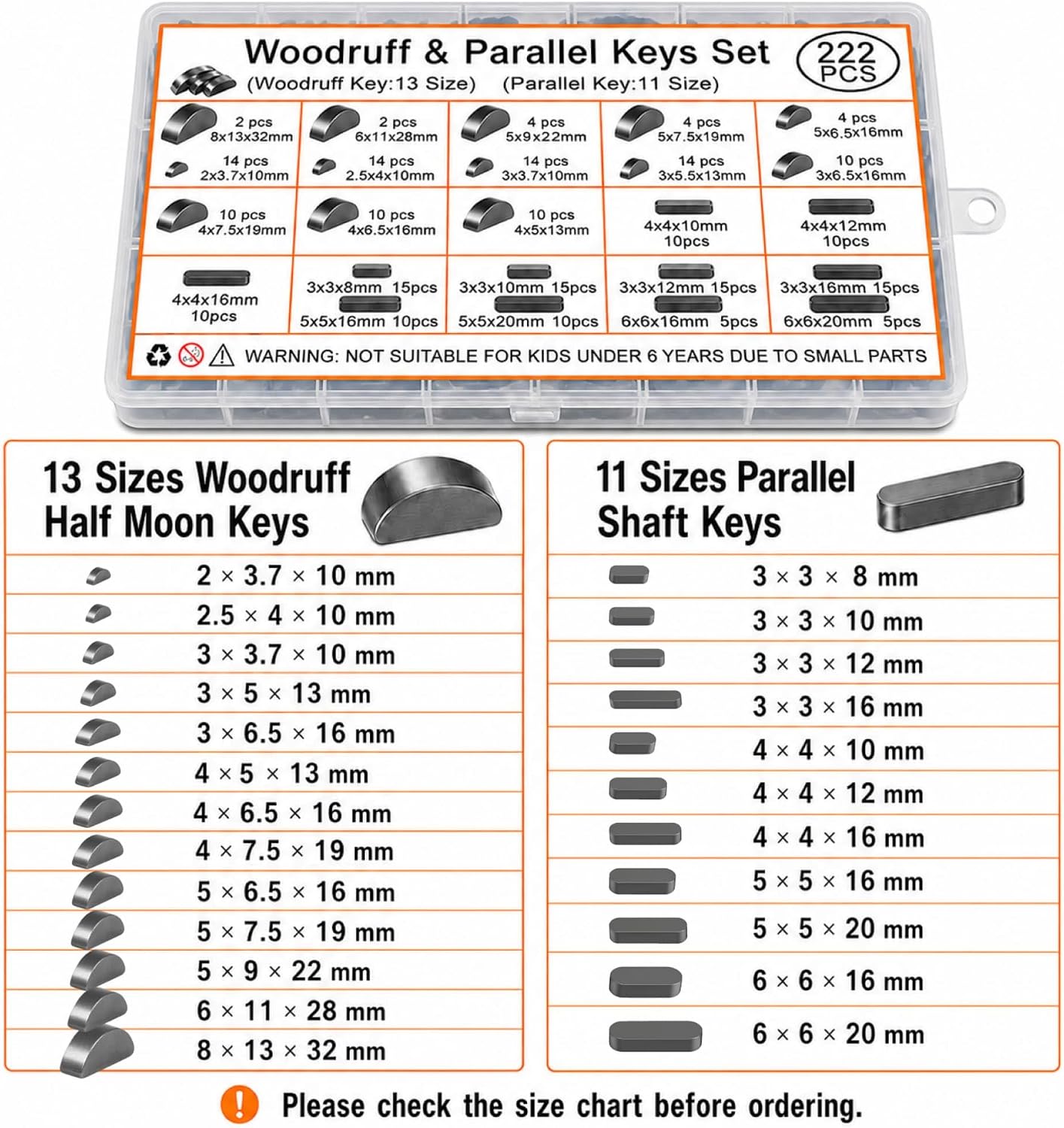 222 Pcs Metric Woodruff Key Assortment Kit with Parallel Keys, Carbon Steel