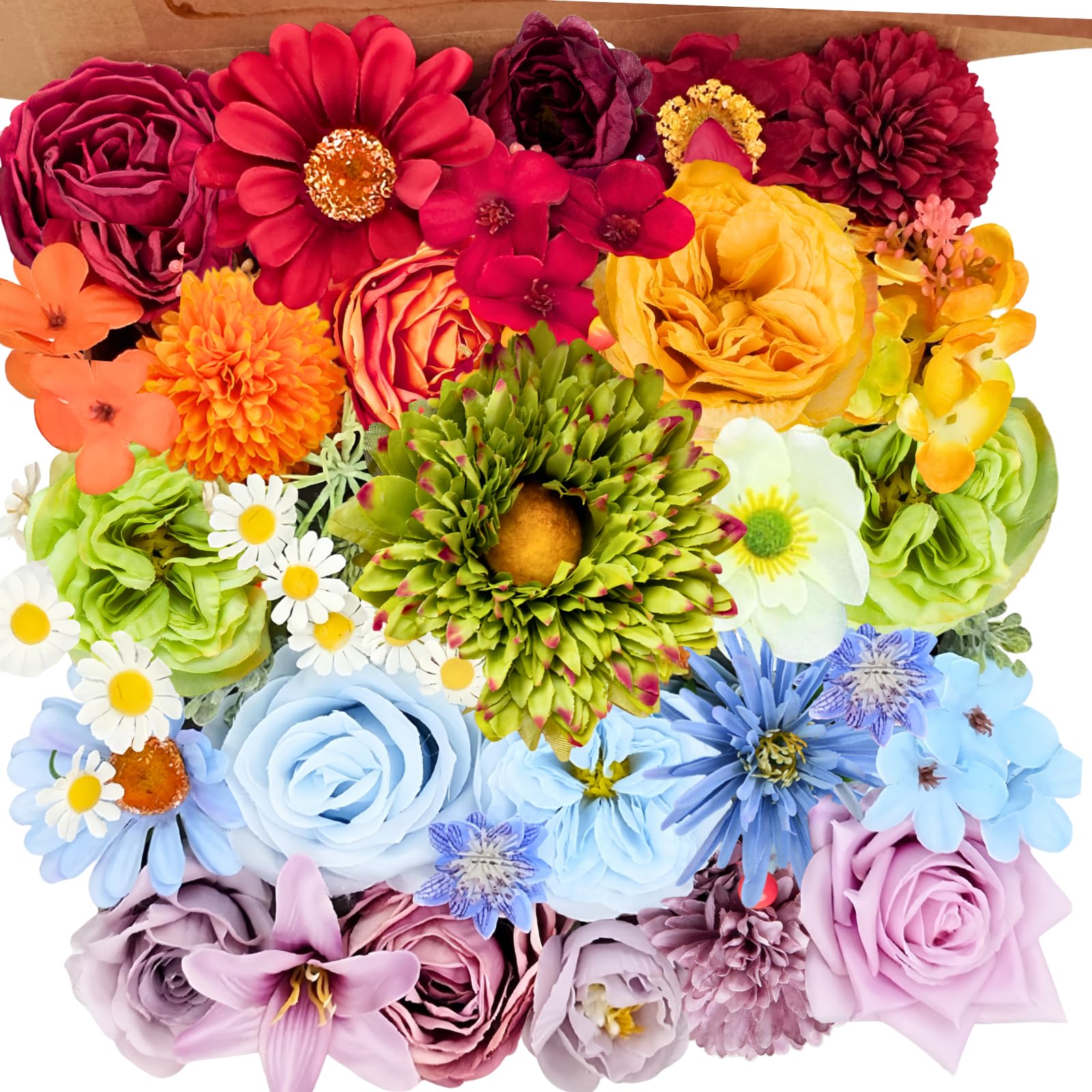 ASTRYAS 38Pcs Artificial Flowers Colorful Combo Box Spring Flowers Fake Sunflowers Silk Roses Faux Peonies Flowers for DIY Wedding Center Bouquet Bride Baby Shower Party Tables Decoration(Rainbow)