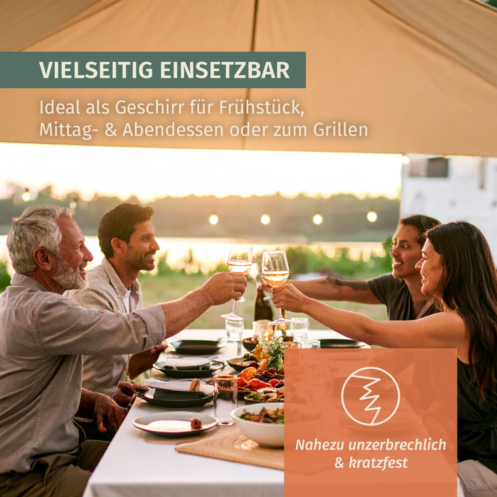 Vajilla de melamina para camping, 4 personas, color gris piedra + 4 vasos de vino blanco Tiamo vajilla de mesa de picnic barbacoa