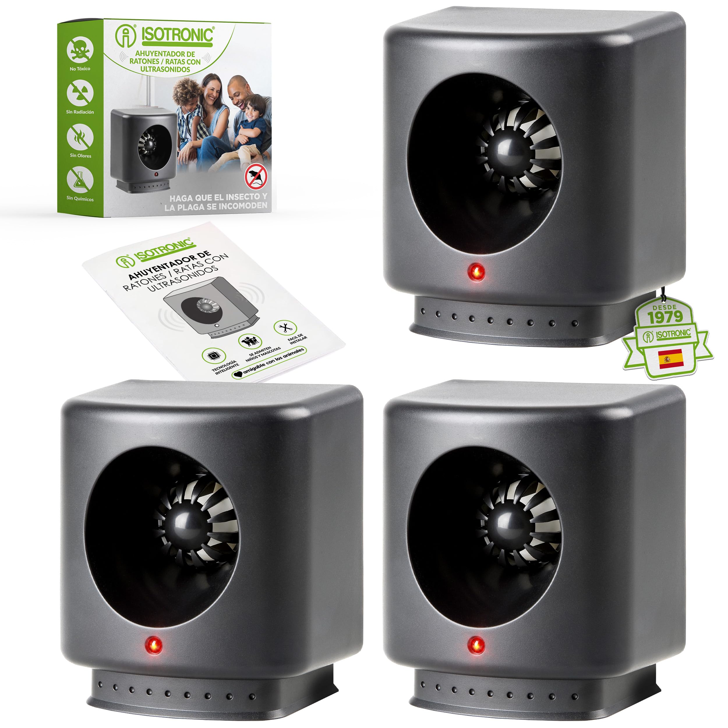 ISOTRONIC Repelente ultrasónico para Ratones y Ratas – Repelente de plagas para áticos, sótanos y garajes – Disuasivo para Ratones sin Veneno ni trampas – Alcance Efectivo de 50 m² (3 Unidades)
