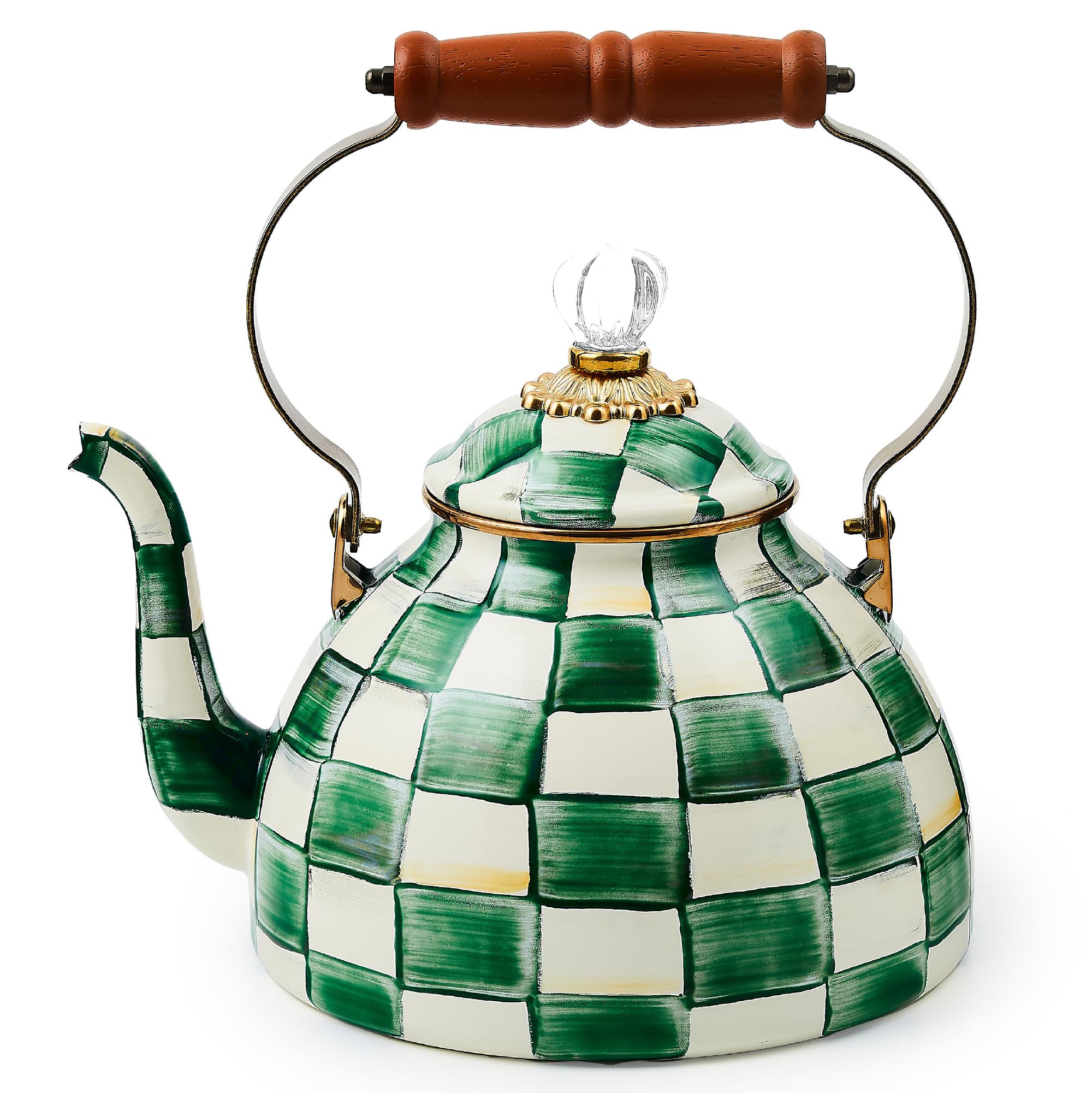 MACKENZIE-CHILDS Enamel Tea Kettle, Stylish Tea Kettle for Stovetop, Green-and-White Emerald Check, 3 Quarts