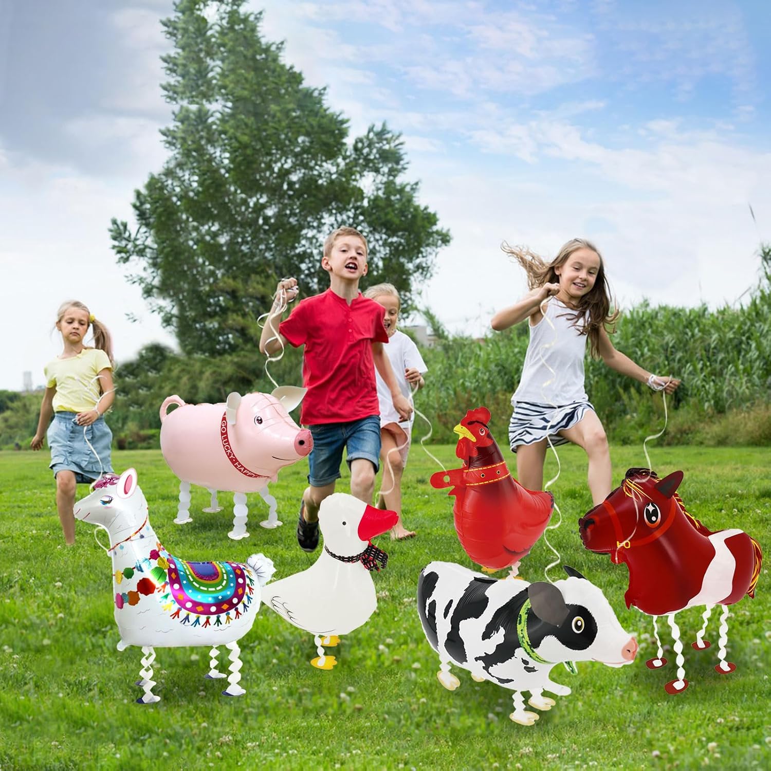 6 Pcs Farm Animal Balloons - Large Cow Horse Duck Chicken Pig Llama Mylar Foil Balloons for Birthday Party, Baby Shower, Farm Theme Party Supplies